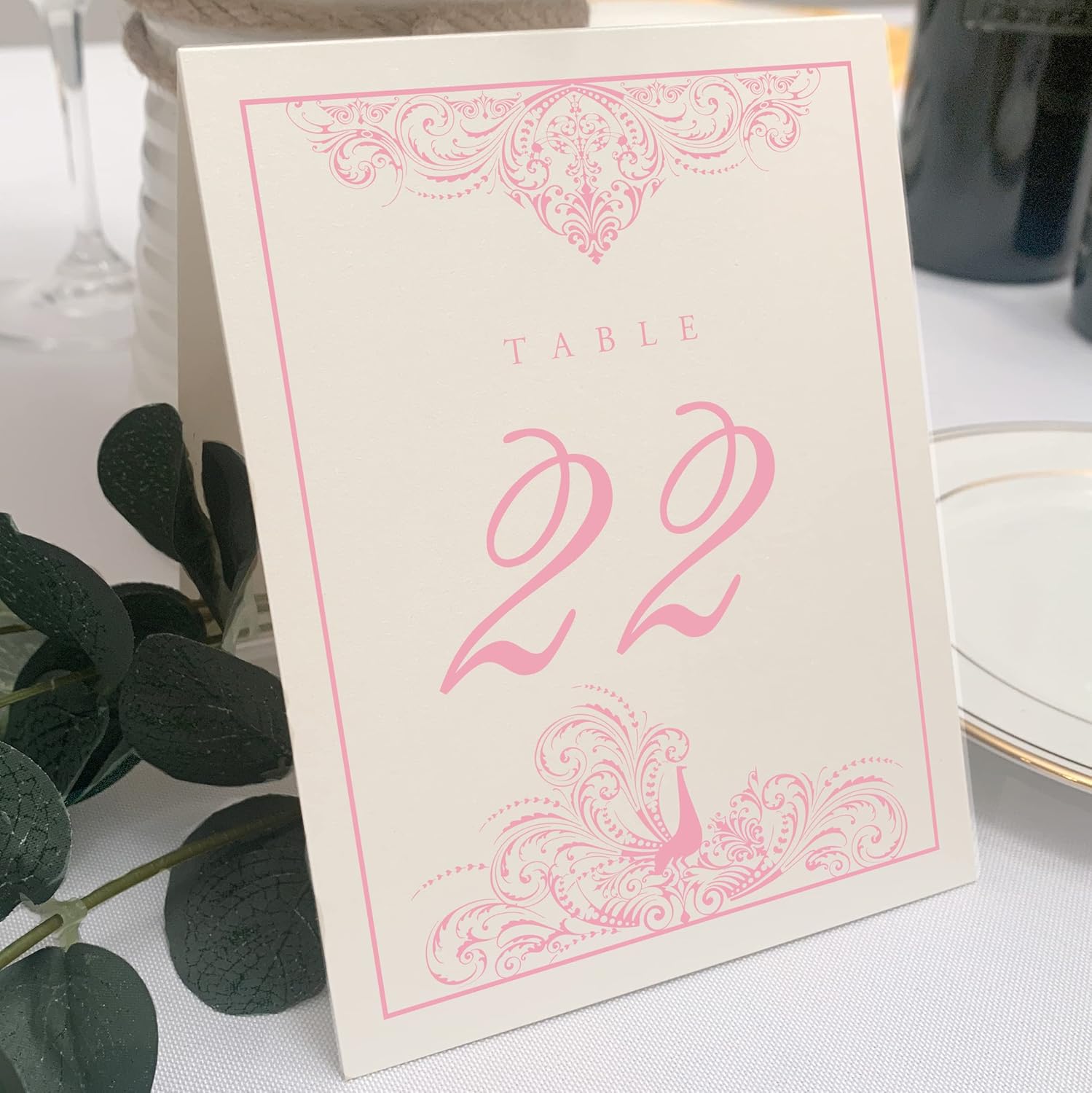 Peacock Flourish Wedding Table Numbers (Select Color/Quantity), Champagne, Gold, 1-20, Double Sided, Tent or Use in a Stand, Great for Parties & Restaurants - Made in the USA
