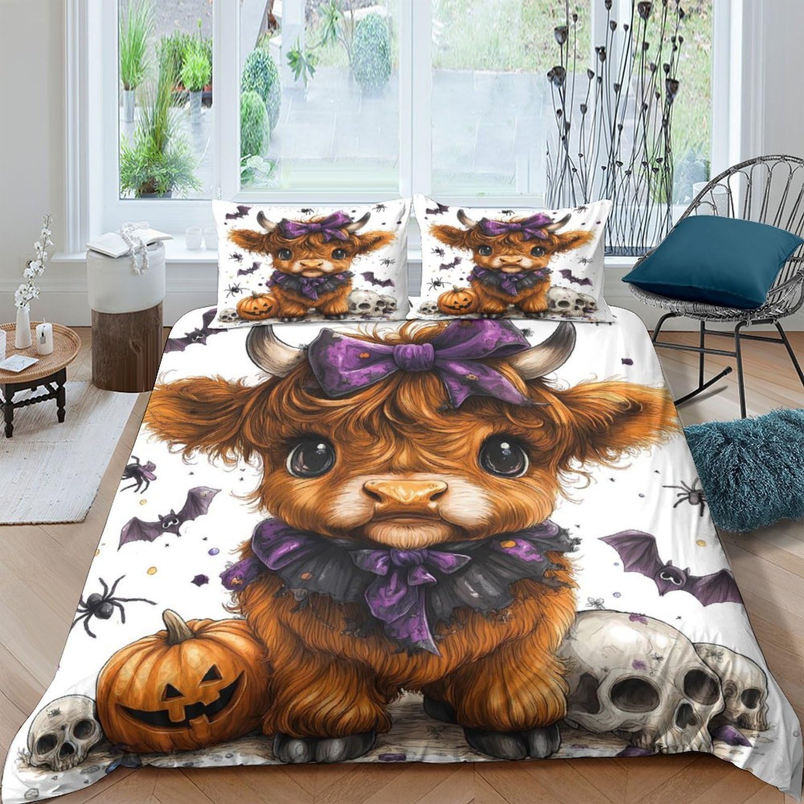 Ctjqhvkz Style-1 3D Printed Halloween Cow Fitted Sheet Microfiber Soft Pumpkin Skull Bed Cover For Bedroom Guest Room Decor Single（135X200cm）