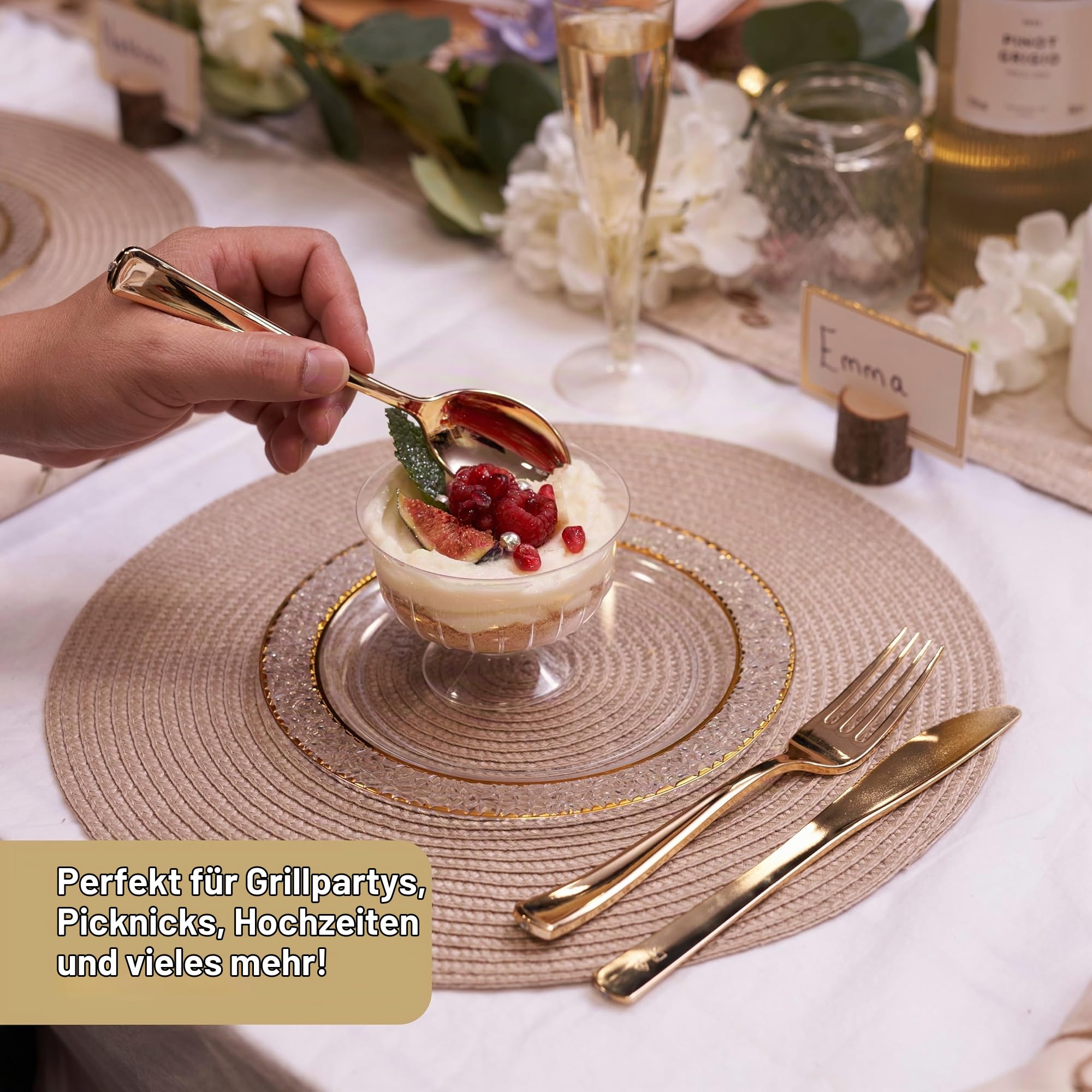 MATANA 720 Elegantes Wiederverwendbares Goldenes Besteck Set – 240 Messer, 240 Gabeln, 240 Löffel – Mehrweg & Stabiles Besteck für Hochzeiten, Geburtstage, Partys & Veranstaltungen