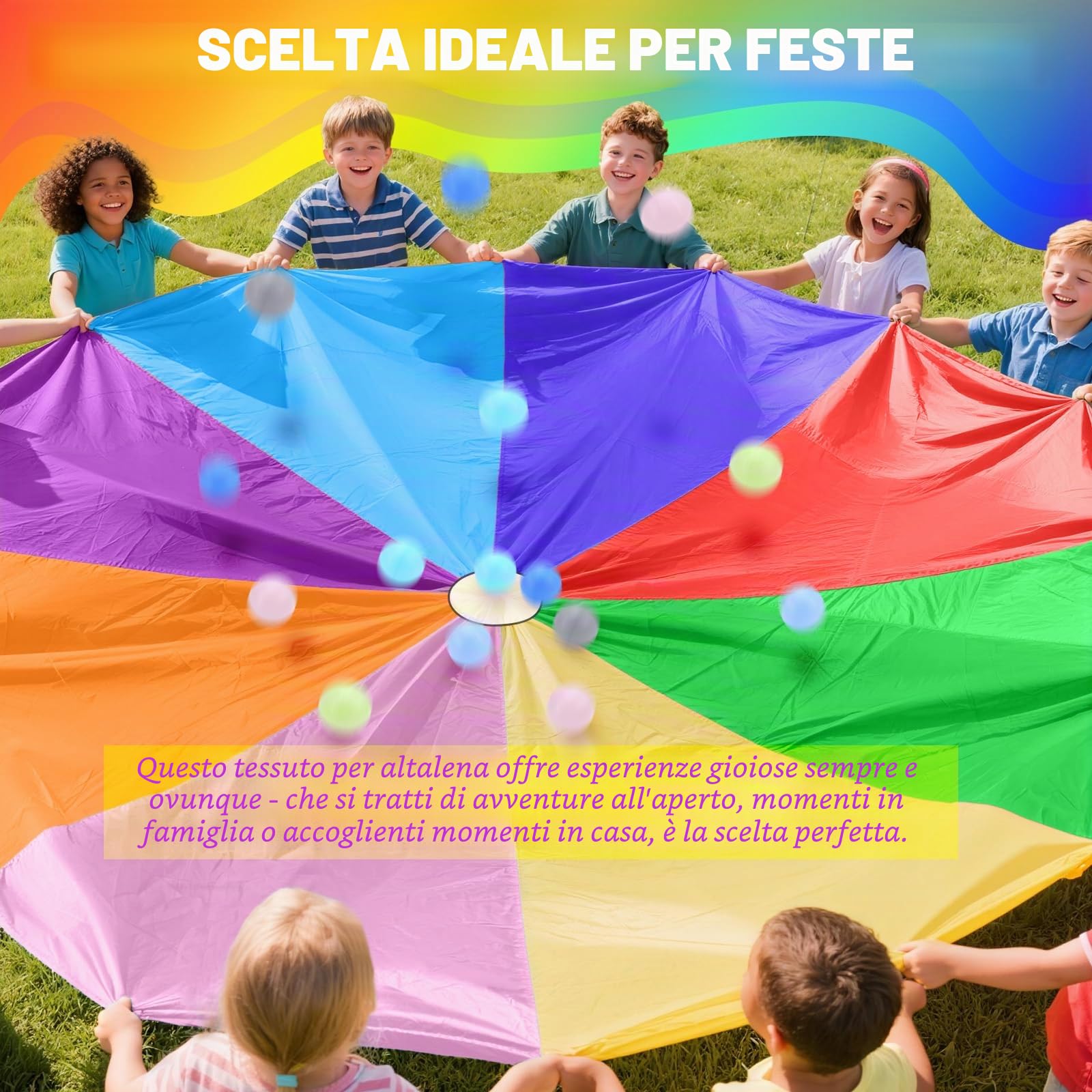 Paracadute Bambini Ø 300 cm Paracadute per Bambini - Giochi di Gruppo al Chiuso e All'Aperto per Eventi Scolastici e Feste di Compleanno