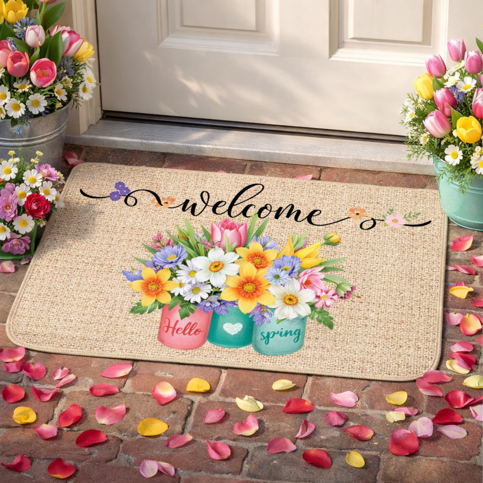 Zhanmai Spring Welcome Mats Hello Spring Floral Door Mat Colorful Tulip Flower Rug Indoor Entrance Cute Decorative Outdoor Doormats Non Slip Outside