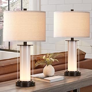 Kyrid 23.25'' Glass Table Lamps Set of 2 with Night Light (Bulbs Included) | Bedside Lamp with Built-in Frosted Glass Night Light and Dual USB Ports, Nightstand Lamp for Bedroom Living Room Entryway