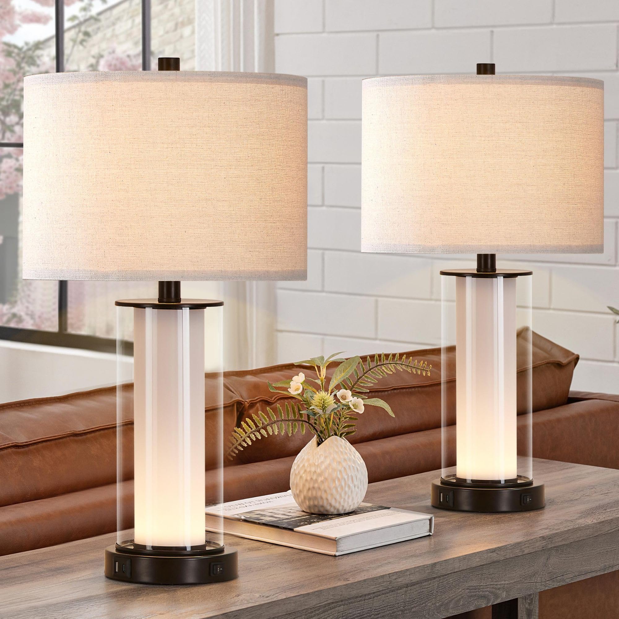 Photo 1 of Kyrid 23.25" Glass Table Lamp with Night Light