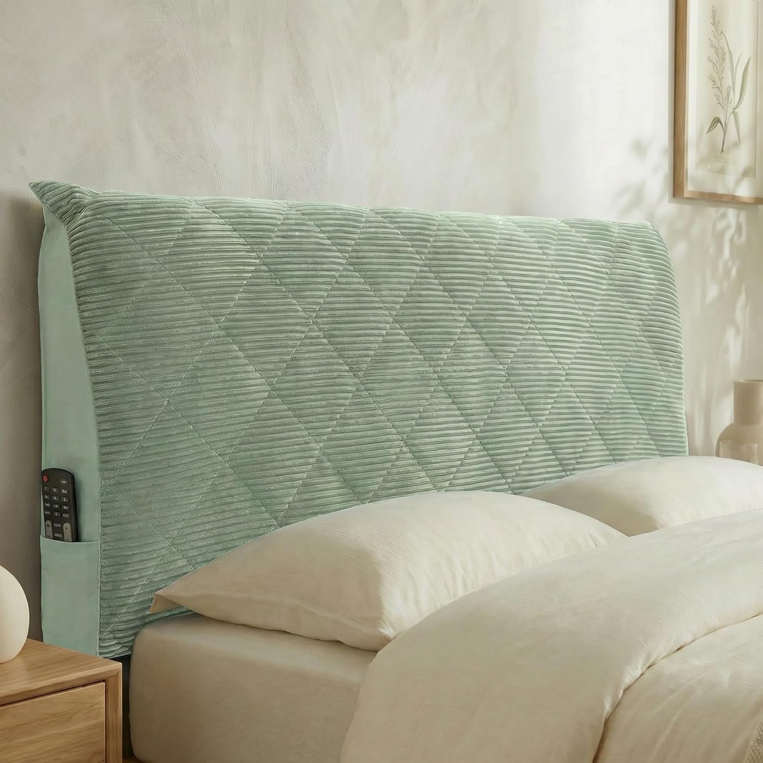 Corduroy Headboard Cover—Stretch-Quilted, Padded Dust-Proof Protective Cover (Fits Twin/Twin XL Beds), Machine-Washable Decorative Headboard Cover (Green, 47x27.5 inches)