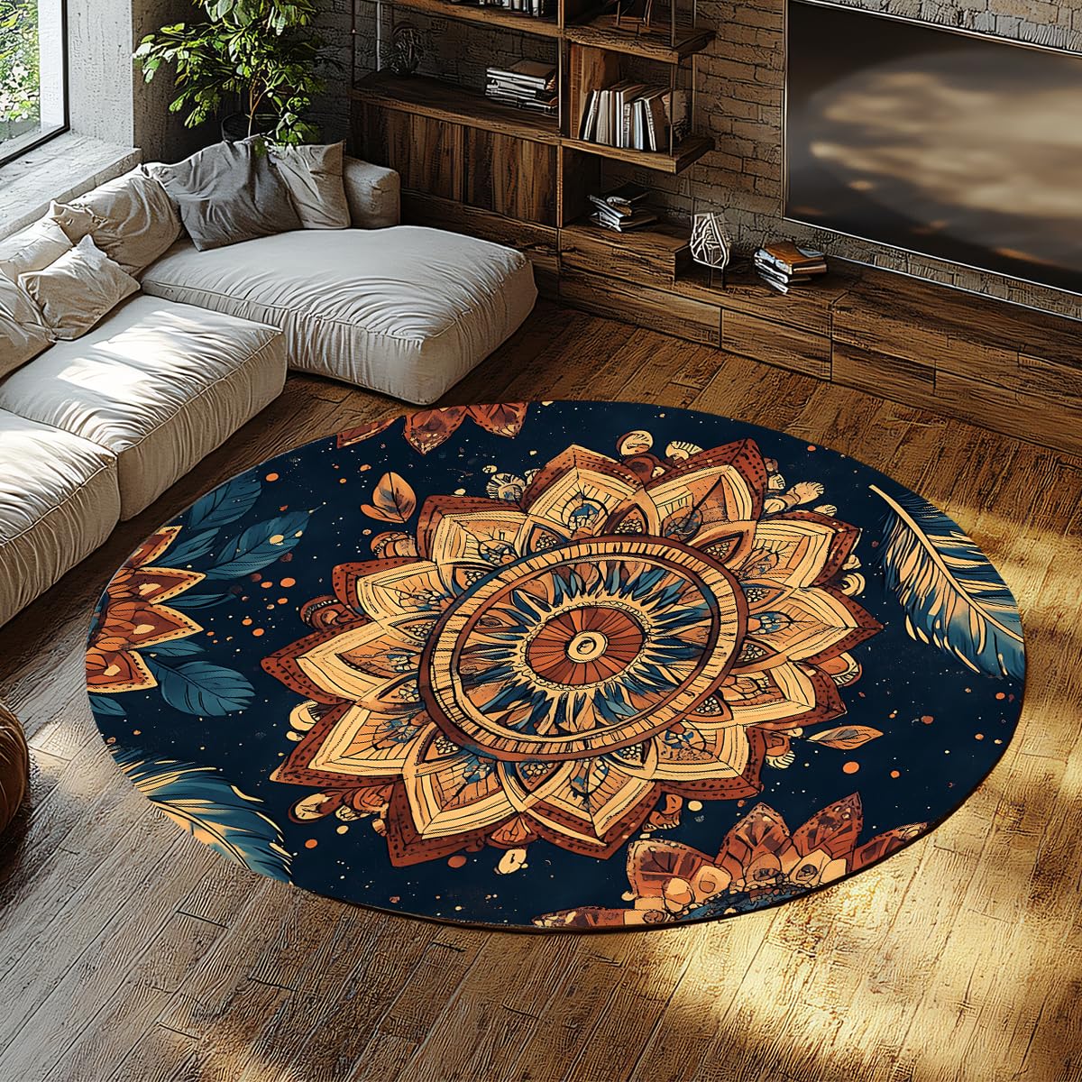 Boho medytacja paw pióropusz okrągły dywanik 130 cm psychodeliczny warstwowy kwiatowy dywanik można prać w pralce dywan z niskim runem antypoślizgowy składany do salonu sypialni biura granatowy