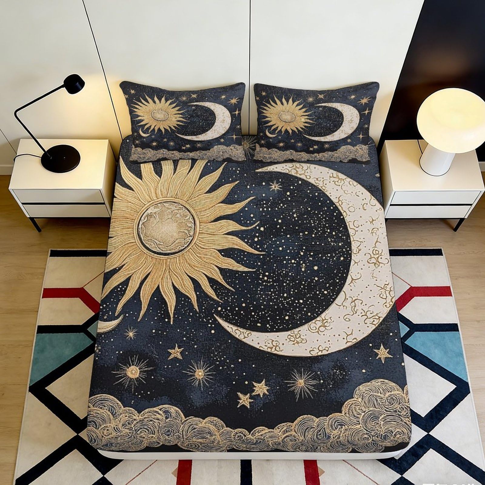 3D Printed Sun Moon Fitted Sheet Microfiber Soft Black Gold Star Mattress Cover for Bedroom Dorm Mattress Protection Decor 120x200x25cm