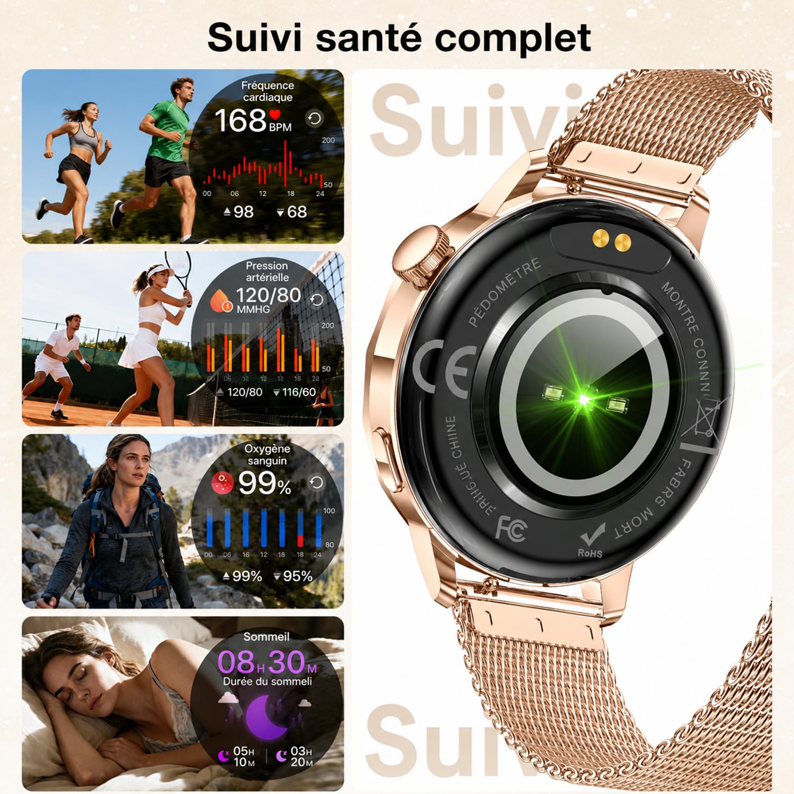 Efolen Montre Connectée Femme avec Appel Bluetooth, 1.27" Smartwatch Femme Ronde avec 2 Bracelets, Fréquence Cardiaque SpO2 Sommeil, 100+ Modes Sportifs, Podomètre IP68 pour Android iOS