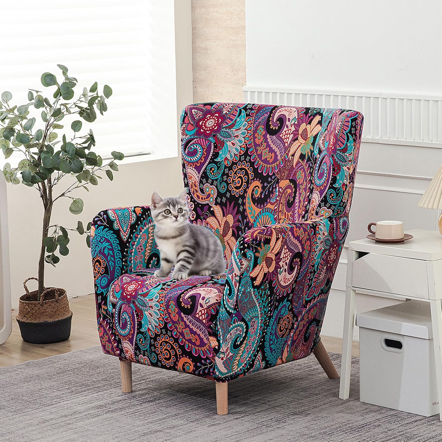 Printed Elastic Single-Person Chair Ocasan high backrest Chair Cover, Single-Layer Fabric Irregular-Shaped Sofa Cover, Simple and Casual Sofa Chair Cover (caozise, Single seat)