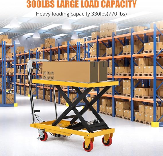 Hydraulic Lift Table Cart - 330 lbs Capacity, Adjustable Up to 28.5 Lifting Height, Manual Single Scissor Lift Table with 4 Wheels & 3mm Non-Slip Pads for Safe Material Handling & Transport - Yellow