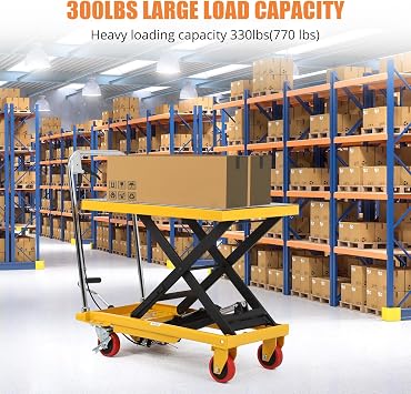 Hydraulic Lift Table Cart - 330 lbs Capacity, Adjustable Up to 28.5 Lifting Height, Manual Single Scissor Lift Table with 4 Wheels & 3mm Non-Slip Pads for Safe Material Handling & Transport - Yellow
