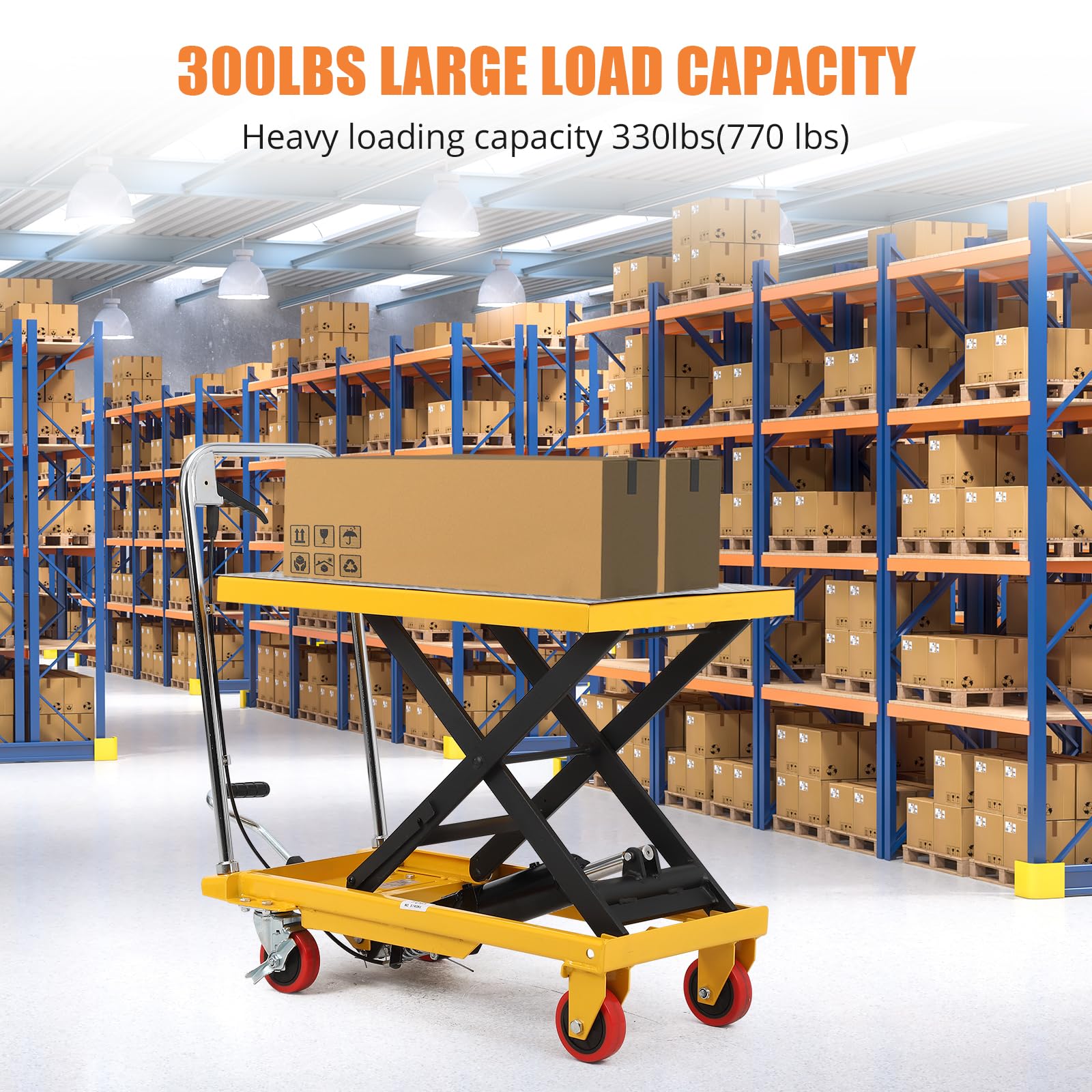 Carrello elevatore idraulico manuale a forbice – Portata 150kg, altezza sollevamento 72cm – Piattaforma antiscivolo – 4 ruote per trasporto materiali in officina – Giallo