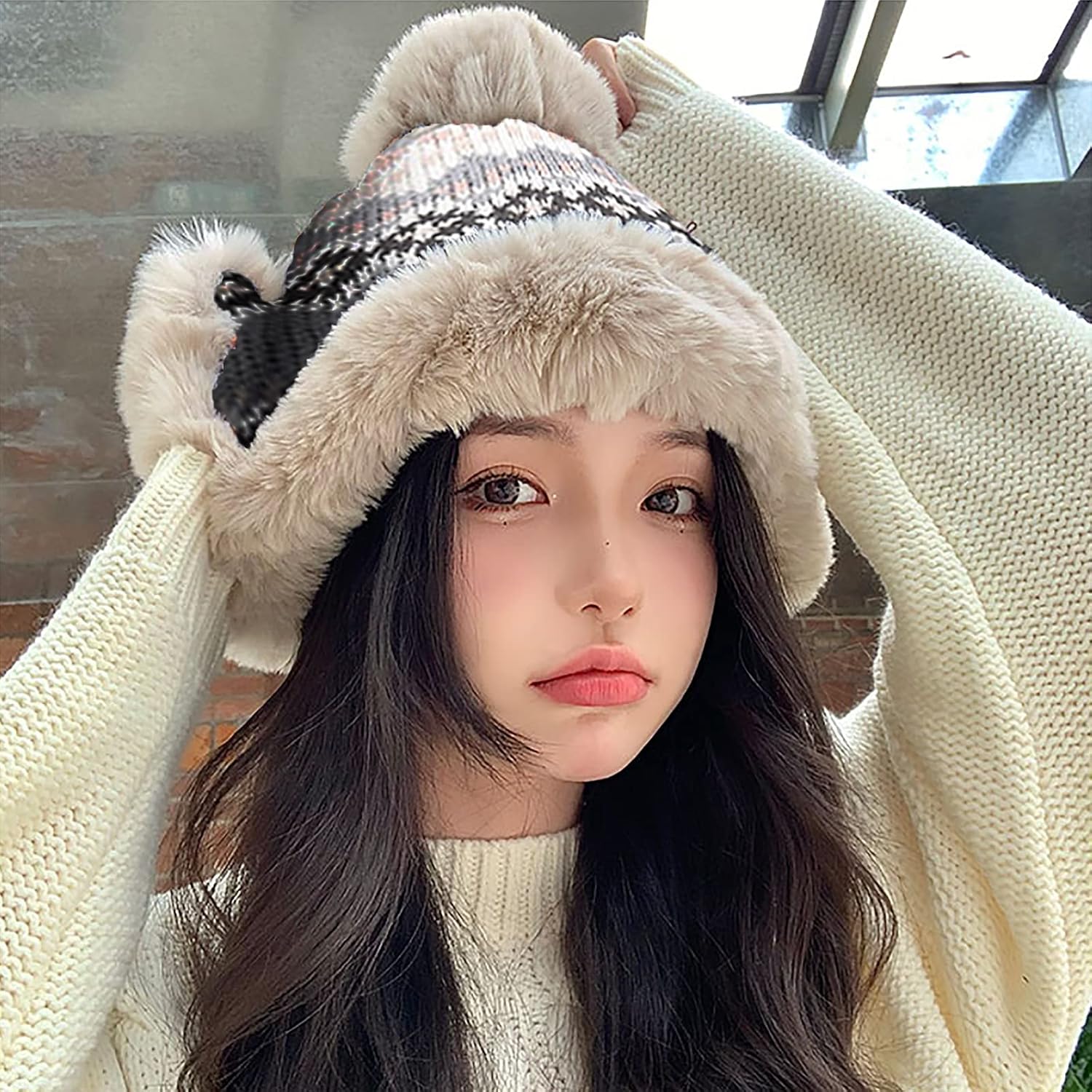 Women Winter Beanie Hat Thick Fleece Lined Warm Earflap Trapper Hat Pom Pom Jacquard Knited Outdoor Ski Snow Cap - Image 4