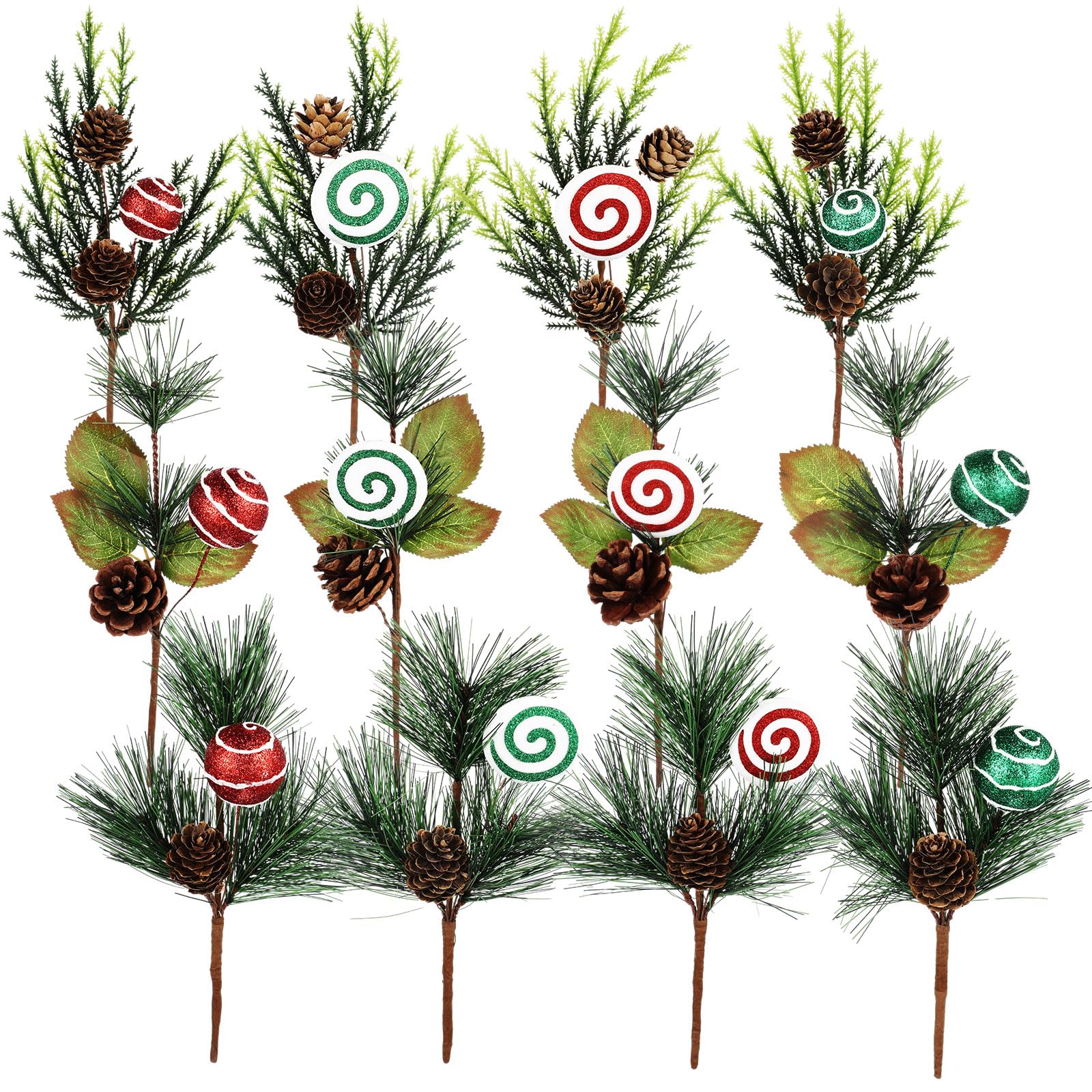 12 Pcs Christmas Lollipop Picks Christmas Lollipop Stem Pinecones Leaves with Lolipop Peppermint Pick Artificial Pick for Xmas Tree Filler Floral Arrangement Winter Holiday Season Decor
