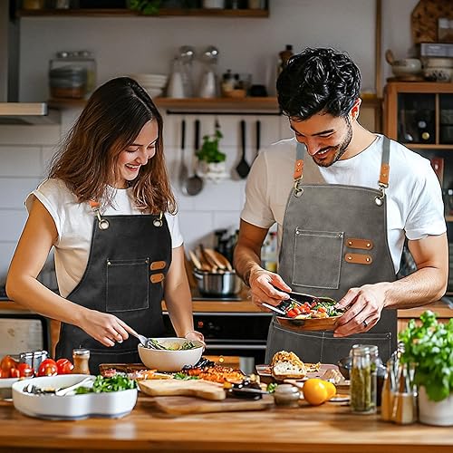 Miniatura 6 de AOLEBA Delantales para hombres y mujeres, delantal de chef de lona con espalda cruzada ajustable, para cocina, jardín, cafetería, delantales para