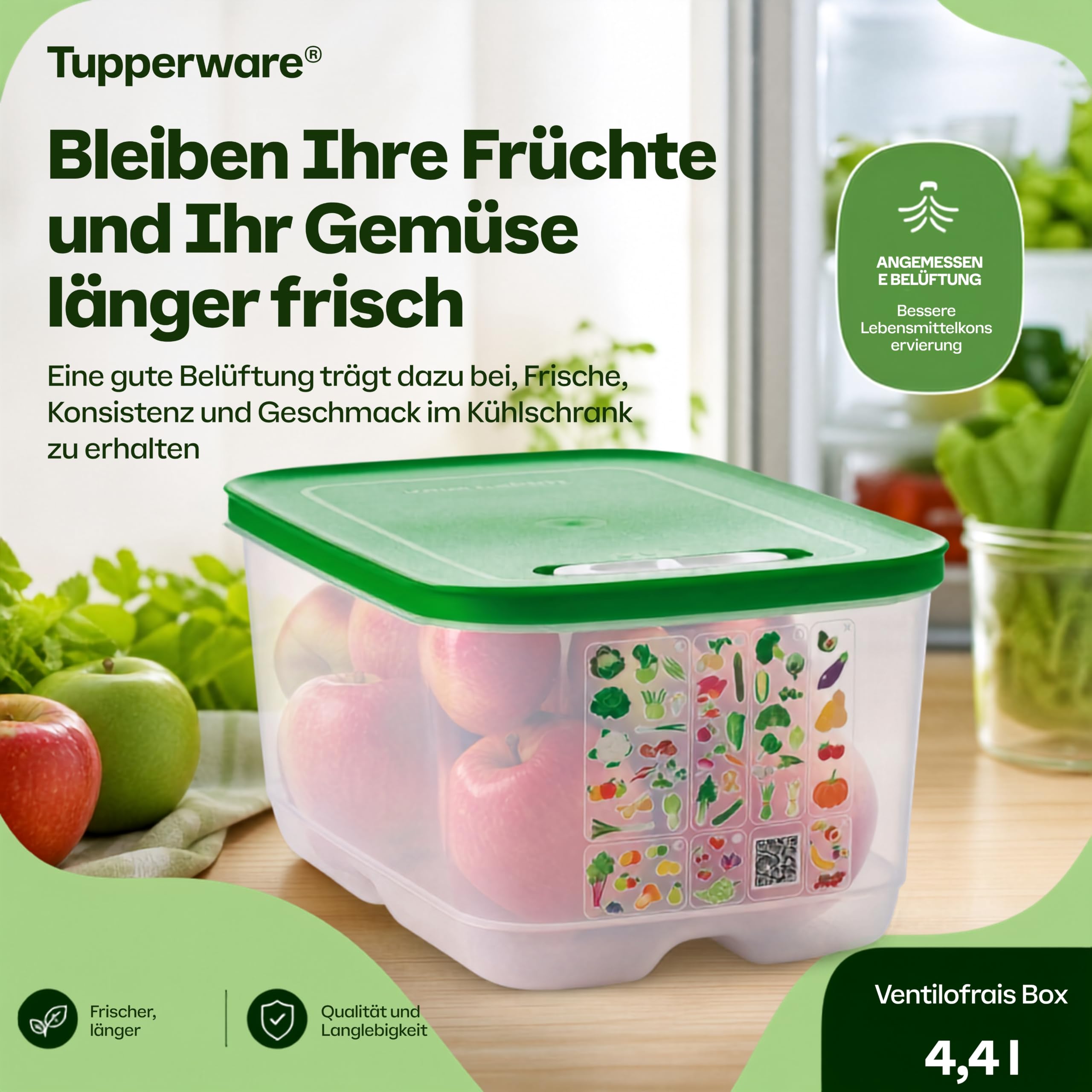 Tupperware VentilOfrais Dose 4,4 L - Langzeit-Frischhaltung Obst Gemüse - Verstellbare Belüftung 3 Positionen - BPA-freier Kunststoff - 28,3 x 18,8 x 13,4 cm - Spülmaschinenfest