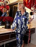 Vista 2 de Ekouaer Conjunto de pijama de satén largo clásico de verano para mujer