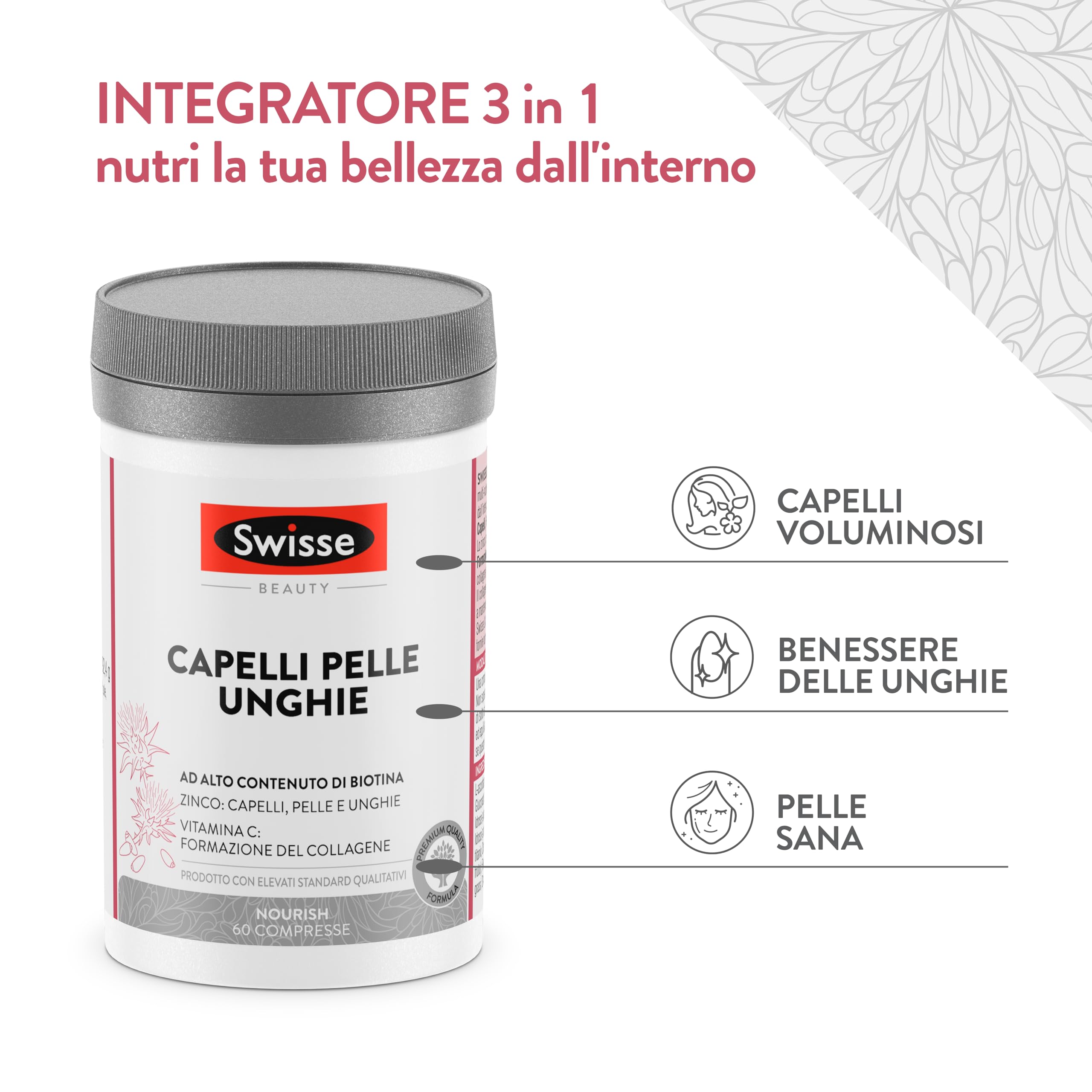 Swisse Integratore Capelli Pelle Unghie, Integratore Alimentare con Biotina, Zinco, Vitamina C, Ferro, Silicio ed estratto di Cardo mariano, 60 Compresse