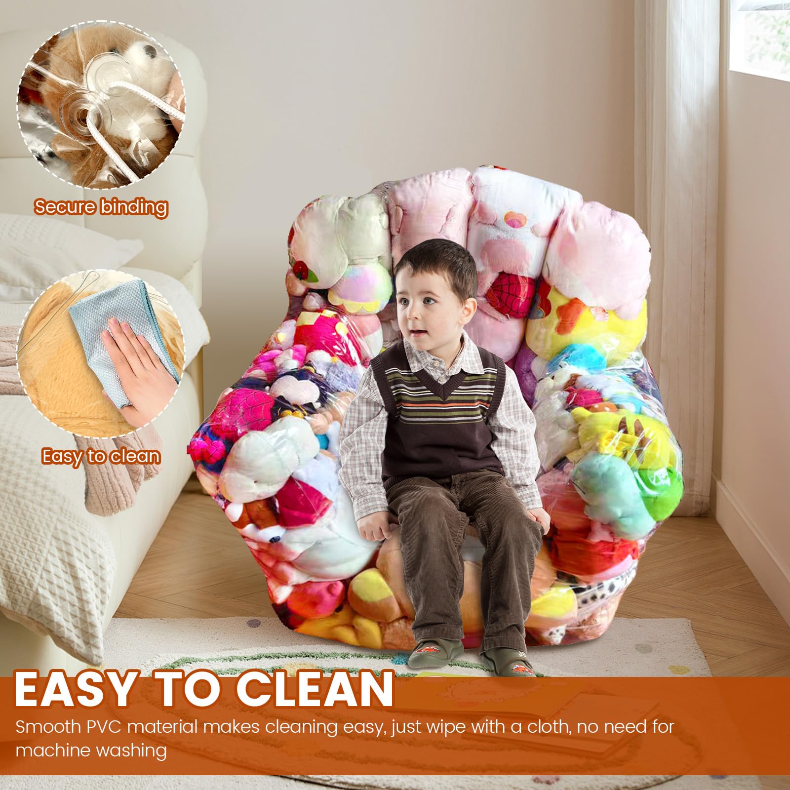 Kuscheltier Aufbewahrung 90x60x80cm Wasserdicht Transparenter Sitzsack Bezug Große Kapazität Leicht Befüllen Aufbewahrung Kuscheltiere für Puppen Handtücher Kissen Decken Kleidung