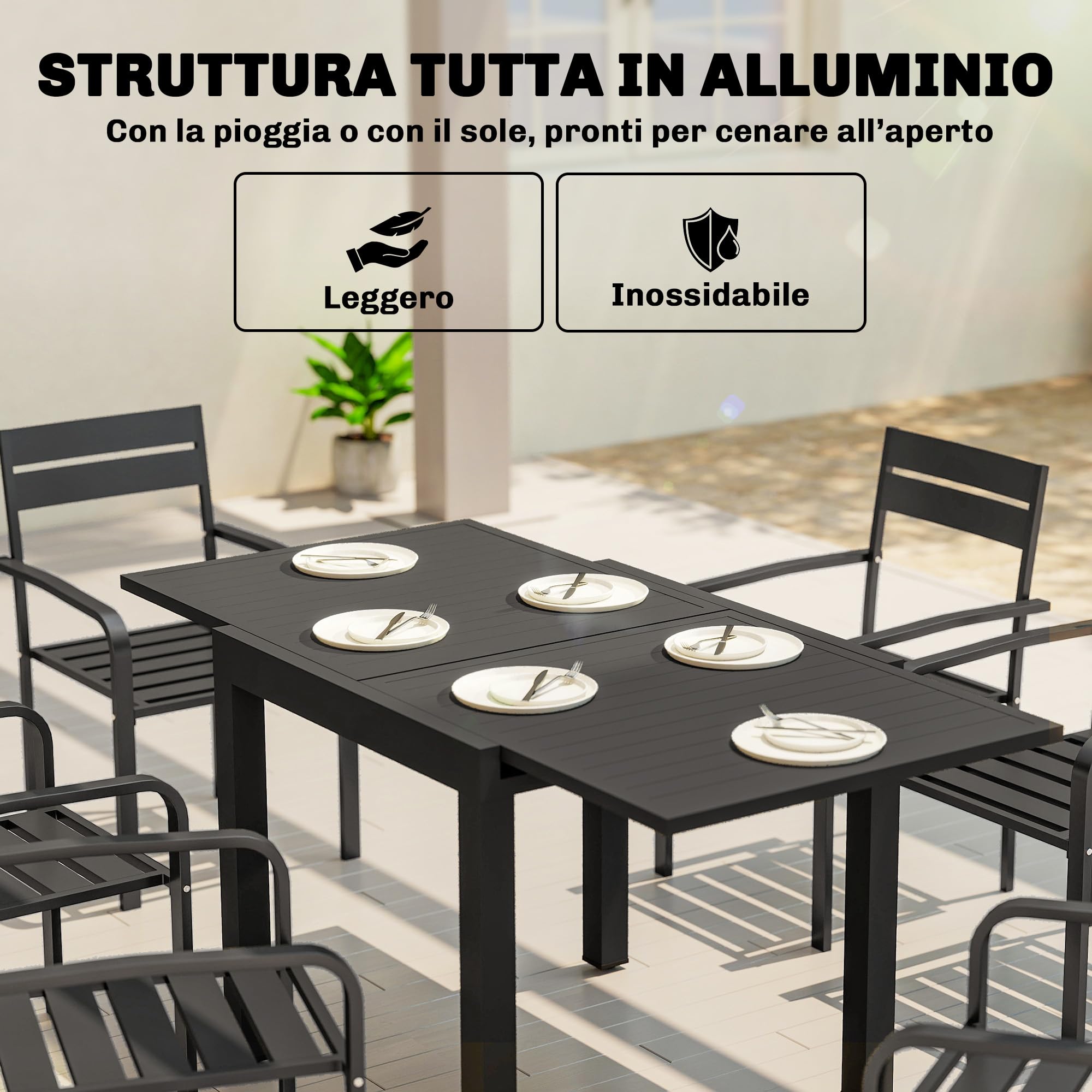 Outsunny Tavolo da Giardino Allungabile per 4-6 Persone 80/160x80 cm, Tavolo da Pranzo Esterno Estensibile Rettangolare in Alluminio con Piano a Doghe, per Patio Terrazzo Balcone, Nero