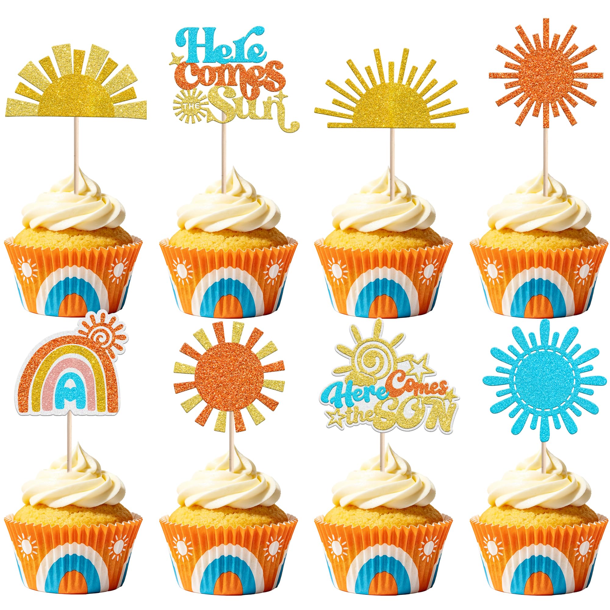 SYKYCTCY 24 Pack Sun Cupcake Toppers Double Sided Here Comes The Son Cupcake Picks SunShine Cupcake Decorations for Sun Theme Baby Shower Kids Boys Girls Birthday Party Cake Decorations Supplies โ image 1