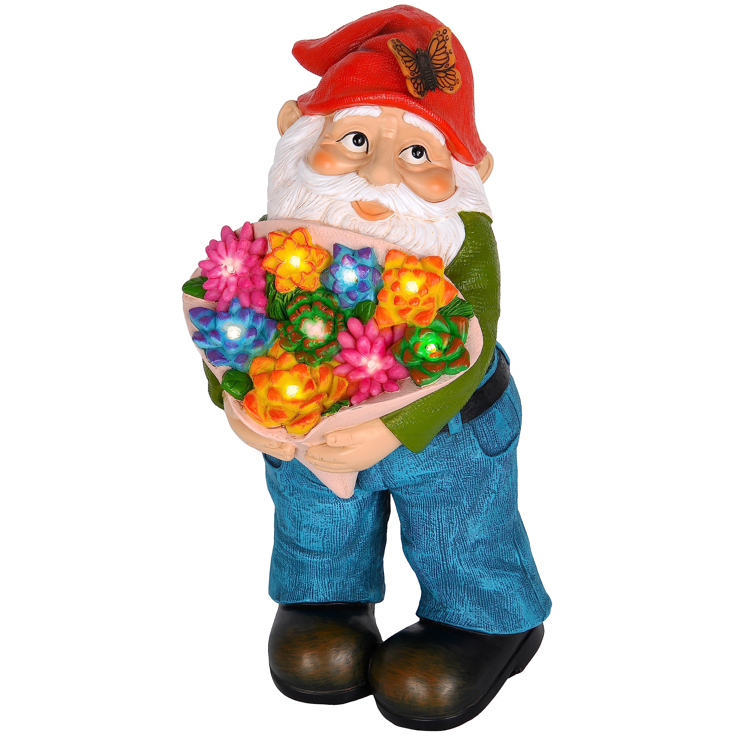 Mood Lab Garden Gnome - Flower Gnome Figurine with Solar LED Lights - 9.1 Inch Tall Lawn Statue - for Outdoor or House Decor