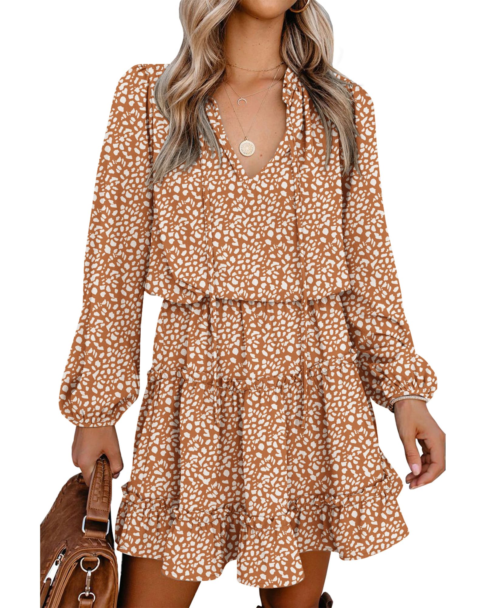 BTFBMLong Sleeve Fall Dresses for Women 2025 Summer Casual Tie Neck Ruffle Tiered A Line Wedding Guest Short Mini Dress
