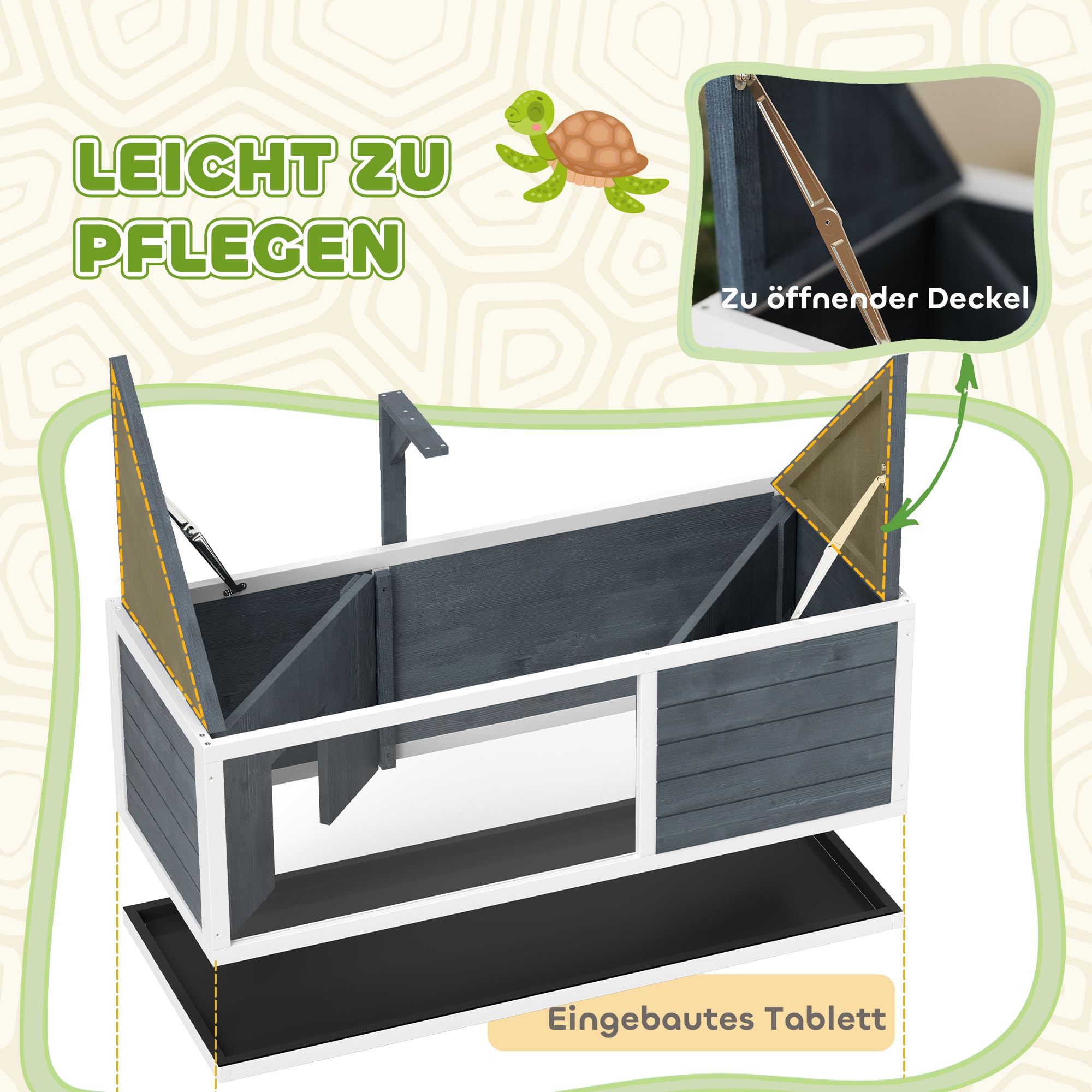 PawHut Schildkrötenhaus aus Holz, Schildkrötengehege mit Zwei Haupthäusern, aufklappbarem Oberseite, Lichtständer, transparenter Frontplatte, Reptilienkäfig für Amphibien 120 x 50 x 40 cm, Grau