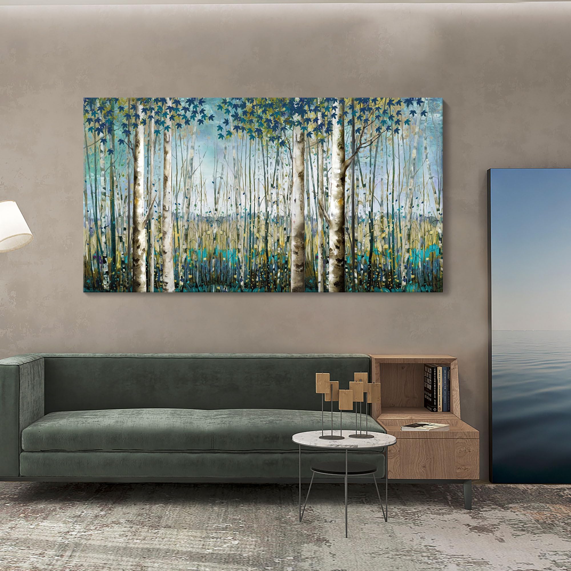 Large Birch Tree Wall Art Framed Forest Landscape Painting - Nature Wall Art for Living Room, Oversized Canvas Pictures for Wall Decor, Green Wall Decor Framed Artwork for Walls 29x58 Inches