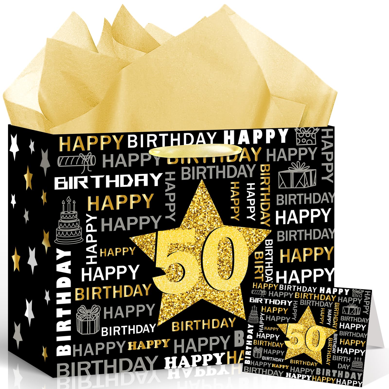 12'' Large Black Gold 50th Birthday Gift Bag Large Vintage Happy 50th Birthday Gift Bag with Wrapping Paper and Greeting Card for Man Women 50th Fifty Year Old Bday Decorations Party Supplies