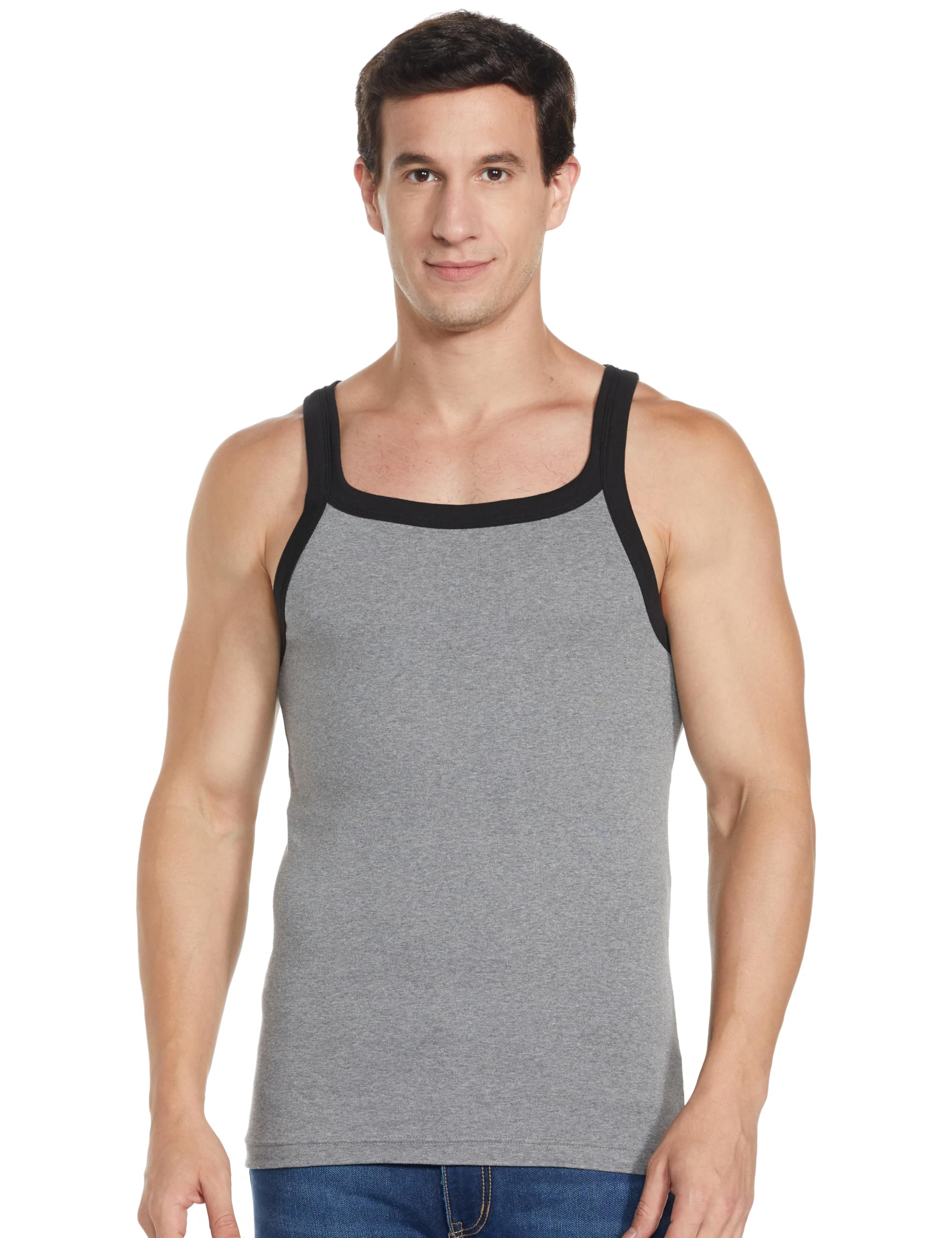 jockey US27 Men's Super Combed Cotton Rib Square Neck Gym Vest (Shoulder Strap Color May Vary)_Mid Grey Melange & Black_L-picture-32