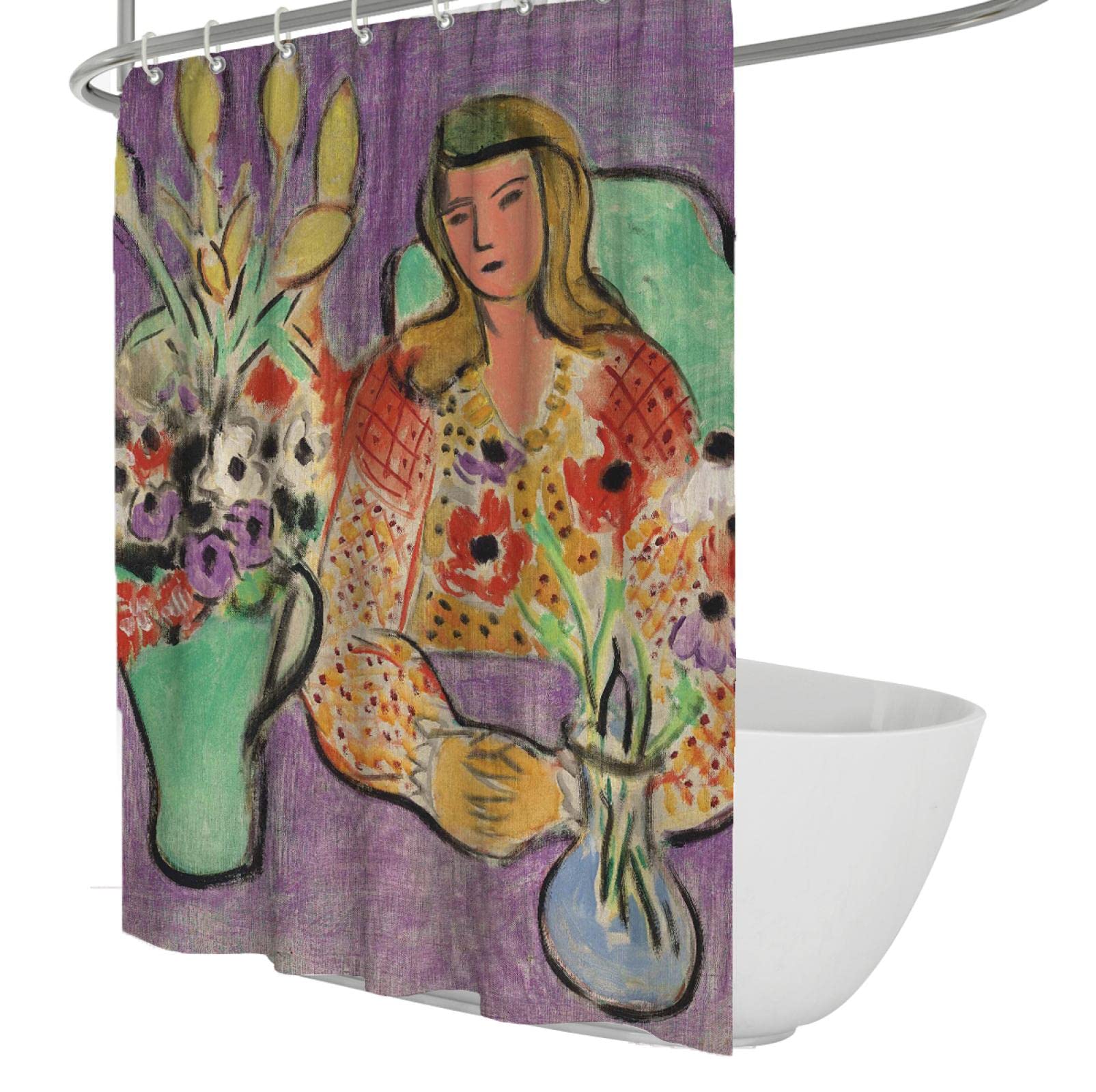 DINGSION Henri Matisse Style Shower Curtain Liners Young Girl with Anemones on a Purple Background Washable Shower Room Curtains with Hook W180xL240cm