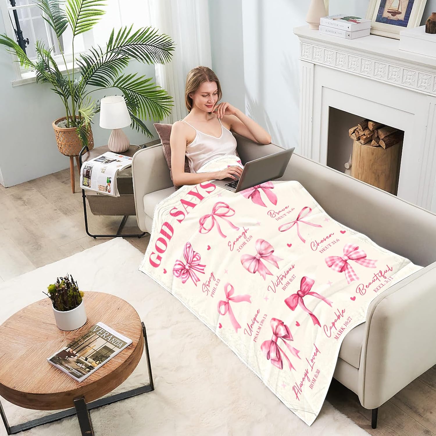 Christian Gifts for Women, God Says I Am Throw Blanket 50"X60", Inspirational Religious Birthday Gifts for Coquette Pink Bow Bible Verse Blanket, Christian Faith Jesus God Prayer Gift for Christmas - Image 3