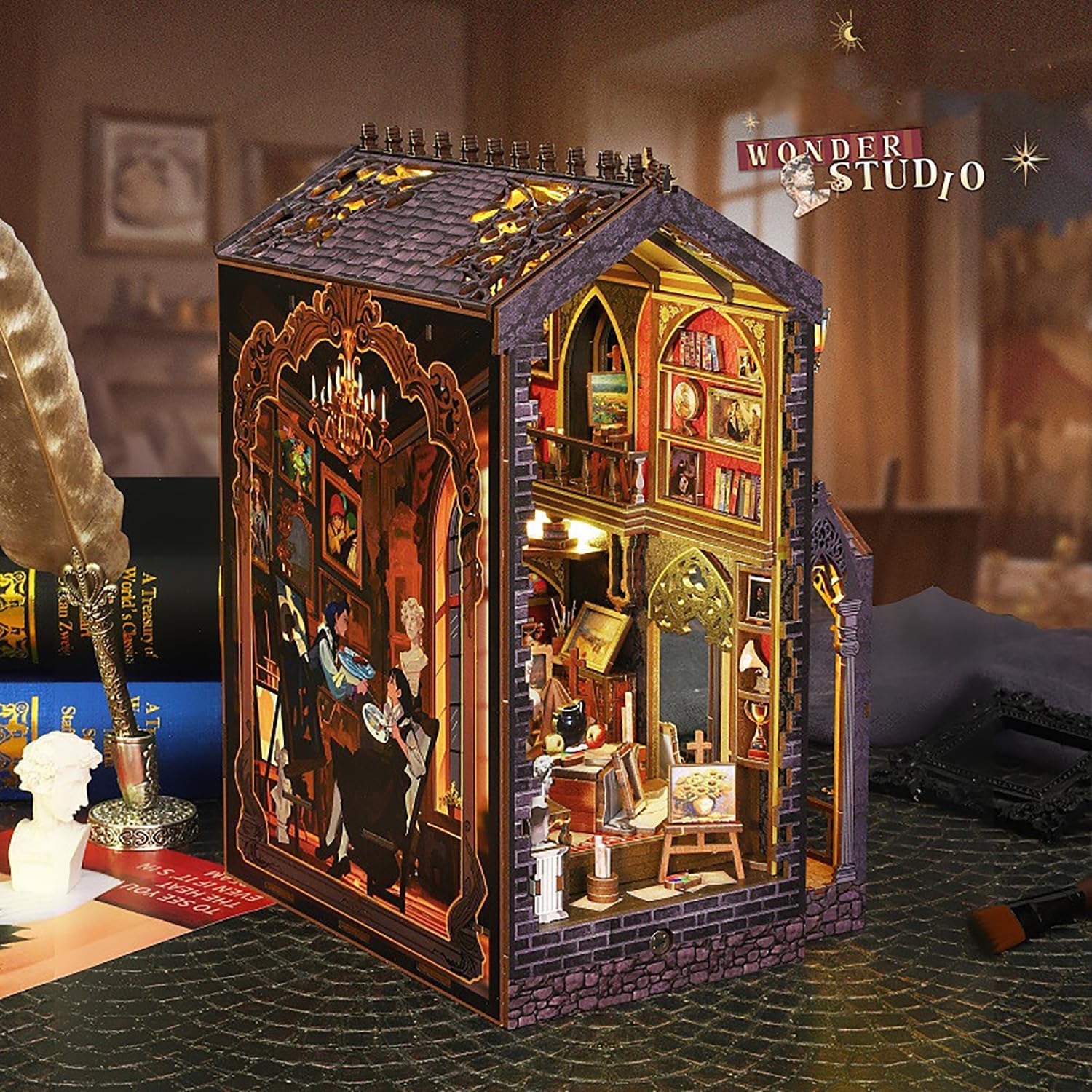 DIY Book Nook Kit - Miniature Dolls House Kit with Furniture and LED Light, 3D Puzzle Wooden Art Bookends, Model Kits for Adults to Build (Wonderful Studio)