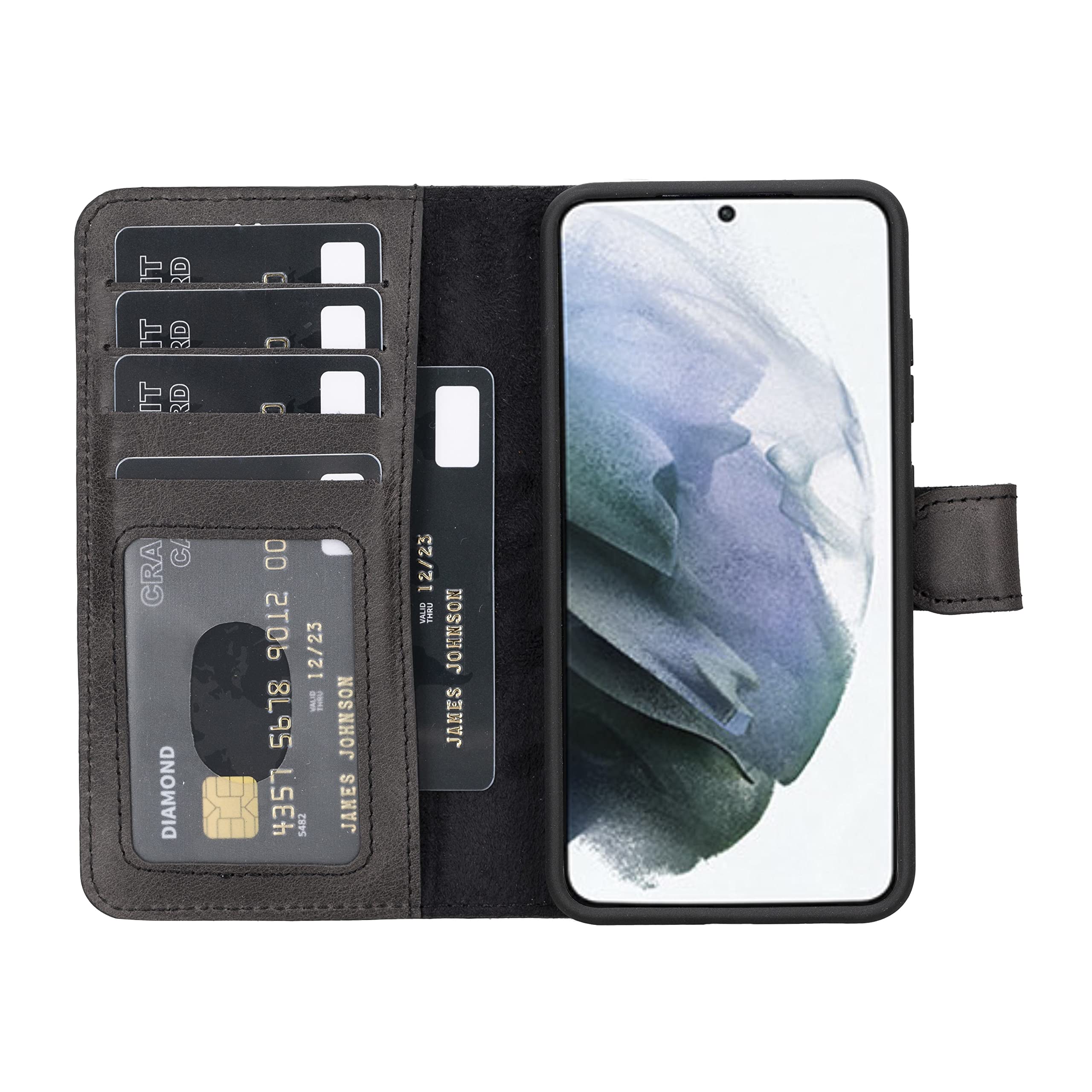 HARDISTON Genuine Premium Leather Handmade Wallet Case for Samsung S23 - Detachable Strong Magnetic Flip Cover with Card Holders and Kickstand -