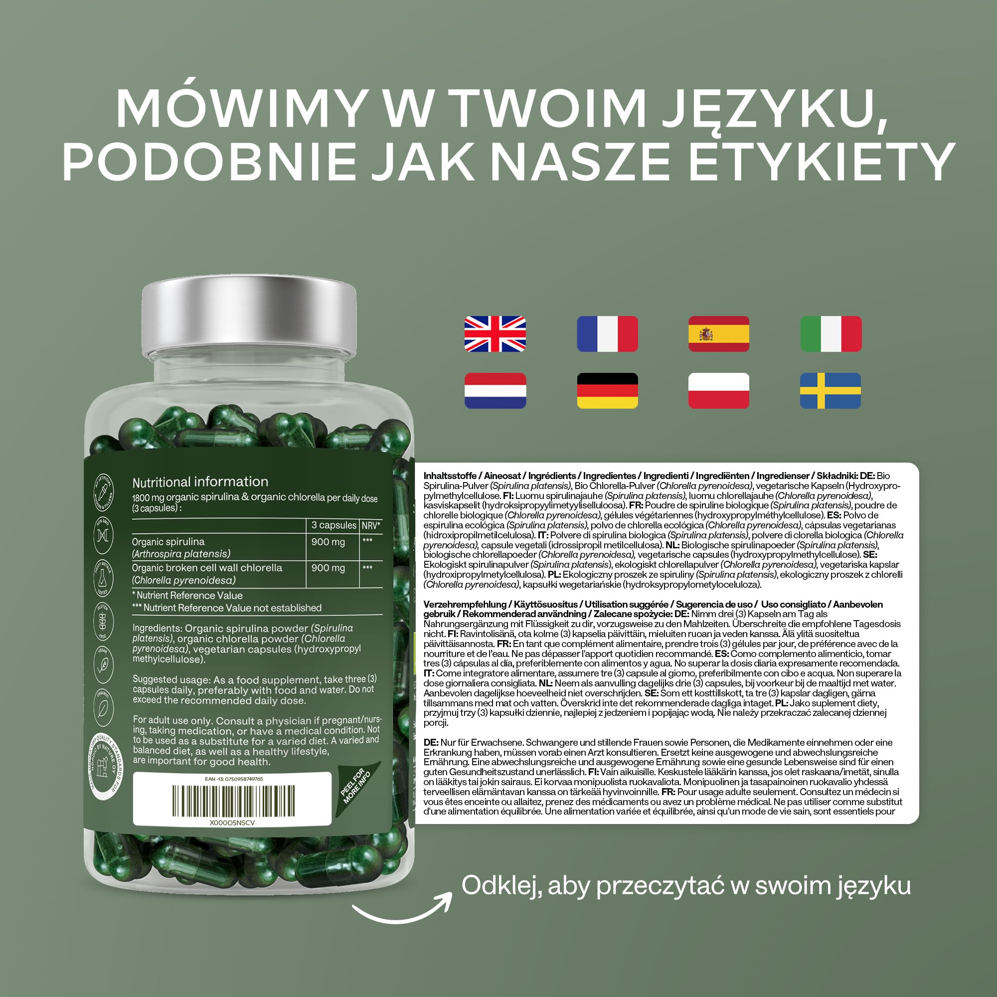 200 Kapsułek ze Sproszkowaną Spiruliną i Chlorellą [1800 mg] - Wysokiej Jakości Mieszanka Fitoskładników z Niebieskich Alg - Idealny Dodatek do Smoothie - W 100% Wegańska Formuła