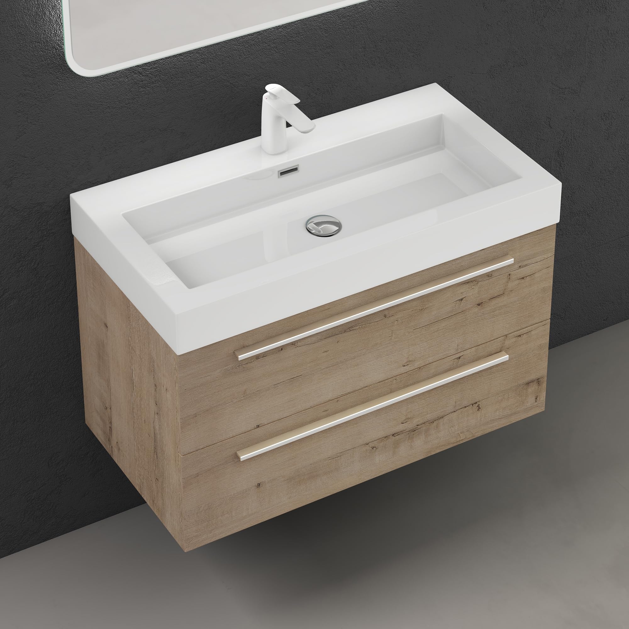 doporro Mobile Bagno Sospeso90cm, Mobiletto per Bagno con Lavabo, Rovere chiaro, Quadratto F161
