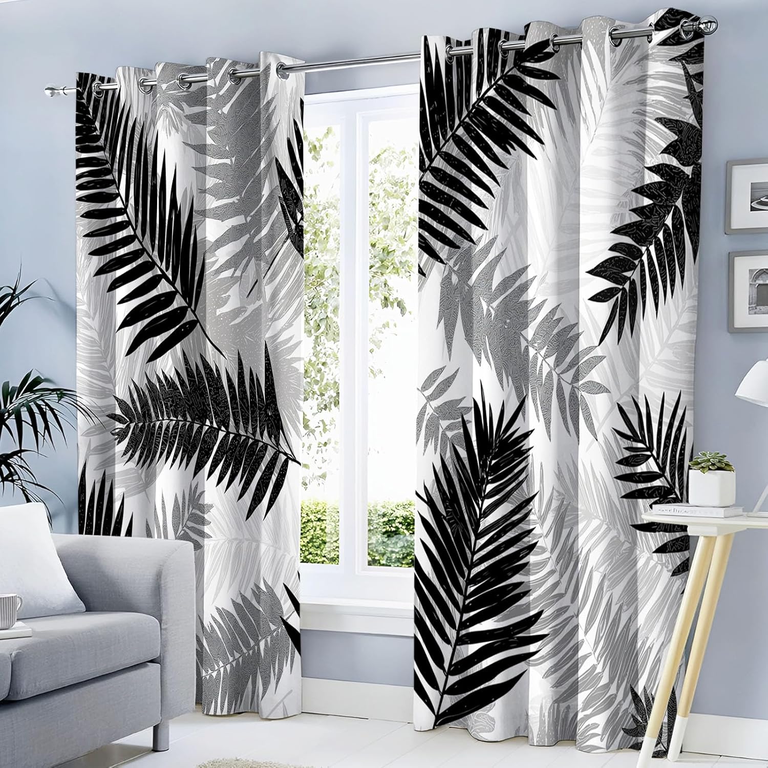 Black Palm Leaves Blackout Curtains for Bedroom 36 inch Long 2 Panels - Tropical Leaves - Grommet Thermal Insulated Room Darkening Window Drapes, 52" W x 36" L, Black