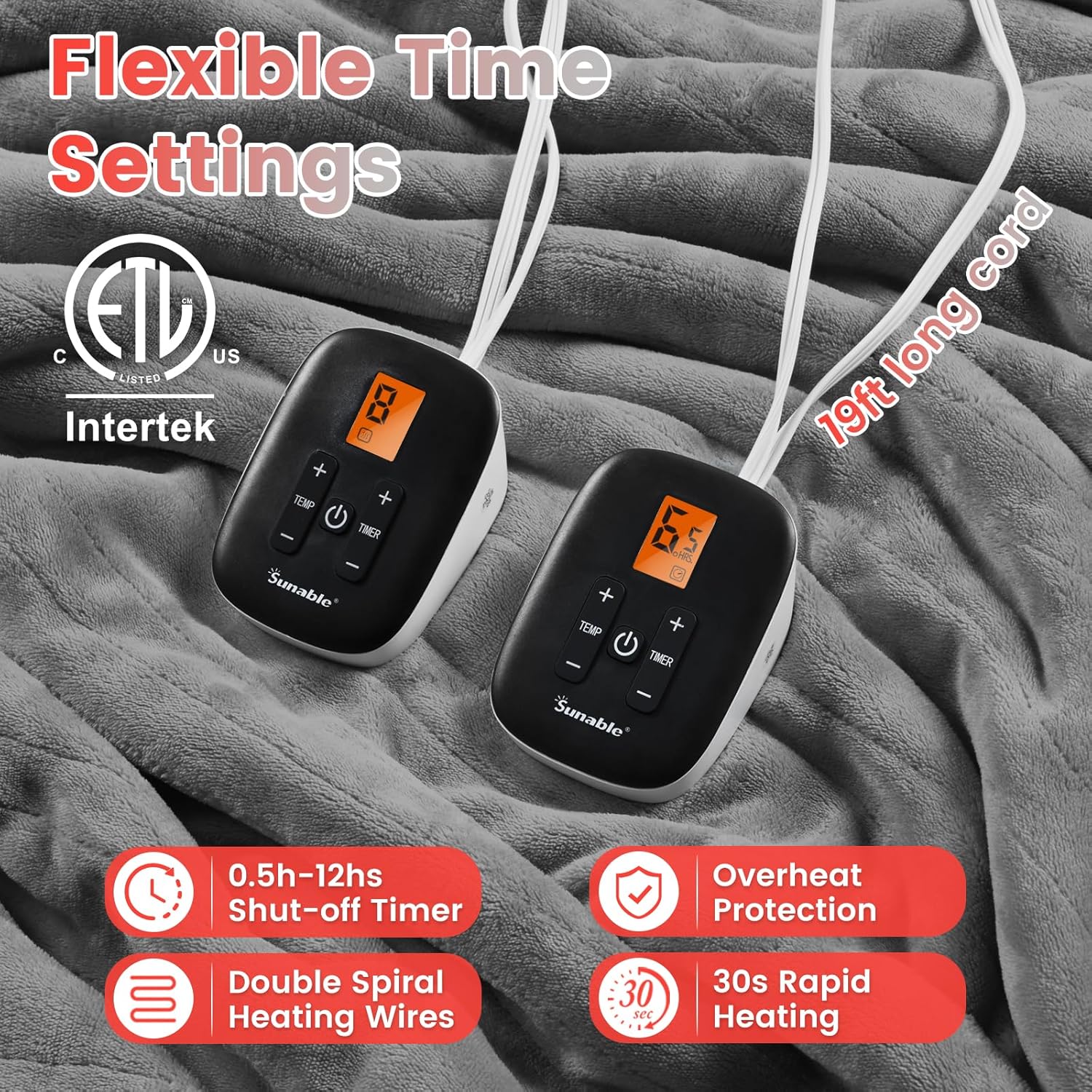 Sunable Heated Electric Blanket - Machine Washable Blanket with Time Settings Heat Settings Queen Size 84×90 inches, ETL Certified, Grey - Velvet & Sherpa