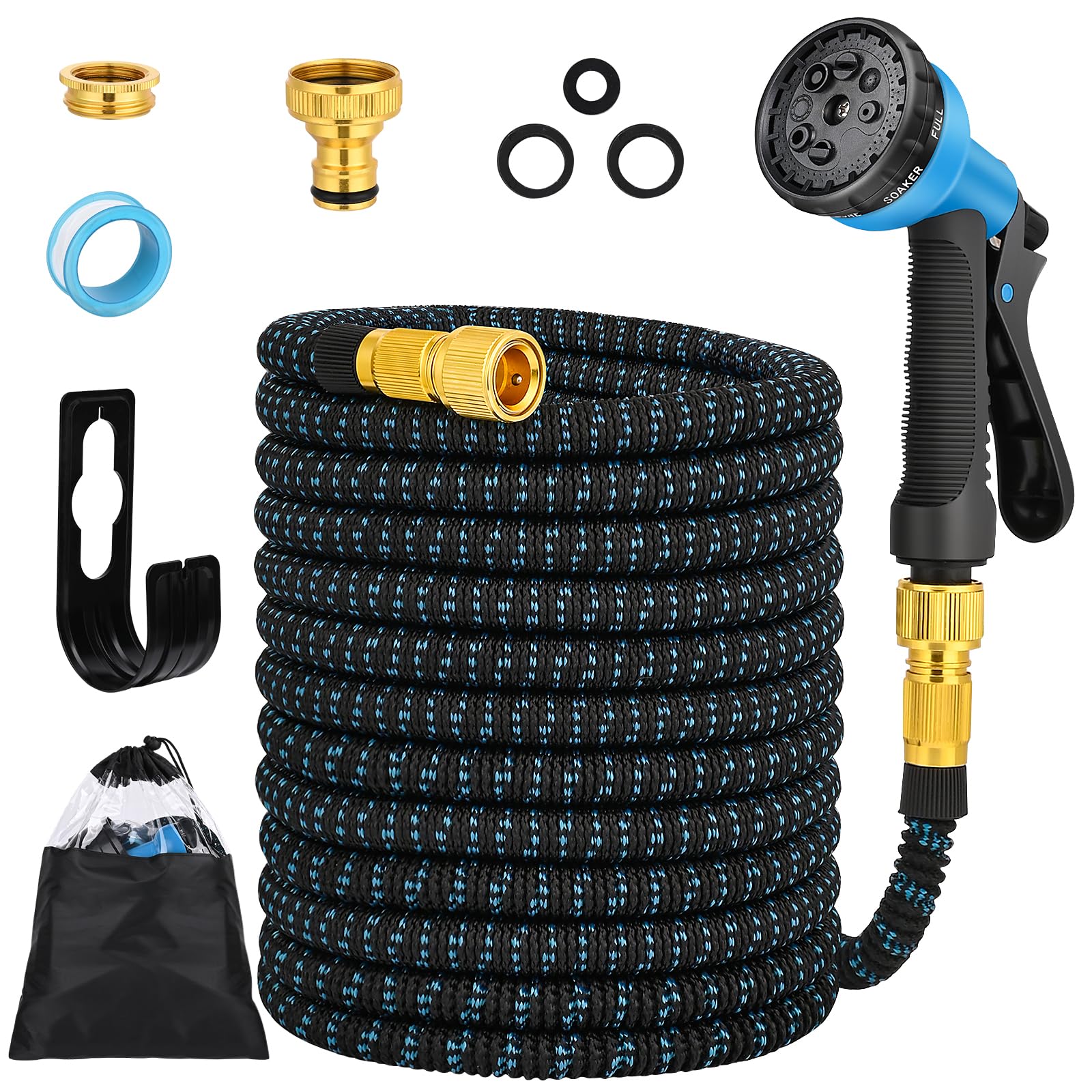 Tuyau d'arrosage extensible 30m bleu haute résistance en métal