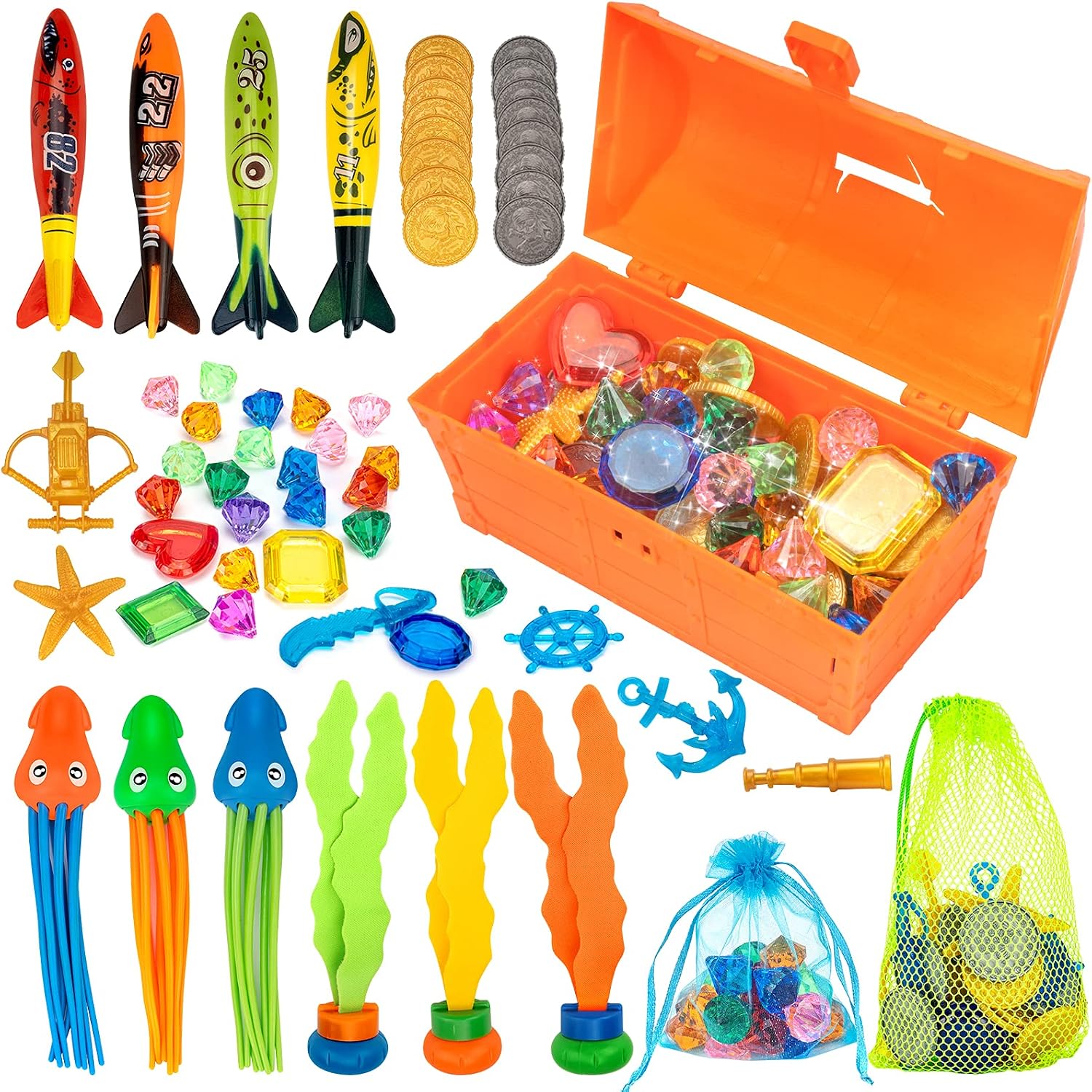 FINGUARD Pool Toys, 58Pcs Diving Toys, Dive Toys with Pool Treasure Chest, Pool Torpedoes, Diamonds, Diving Gems, Seaweeds, Pirate Treasures, Octopus, Swimming Pool Toys for Kids Age 3+ (Orange)
