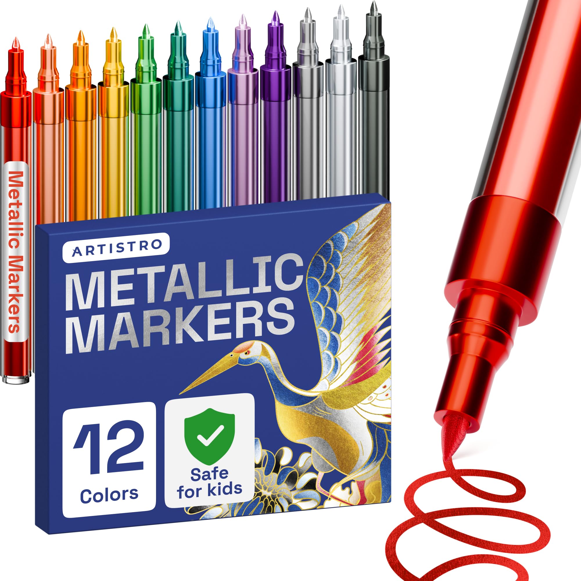 ARTISTRO 12 Metallic Paint Pens for Glass, Rock Painting, Ceramic, Wood, Fabric, Pebbles, Scrapbook Journals, Photo Albums, Card Stocks - Acrylic Paint Markers Extra-Fine Tip 0.7mm