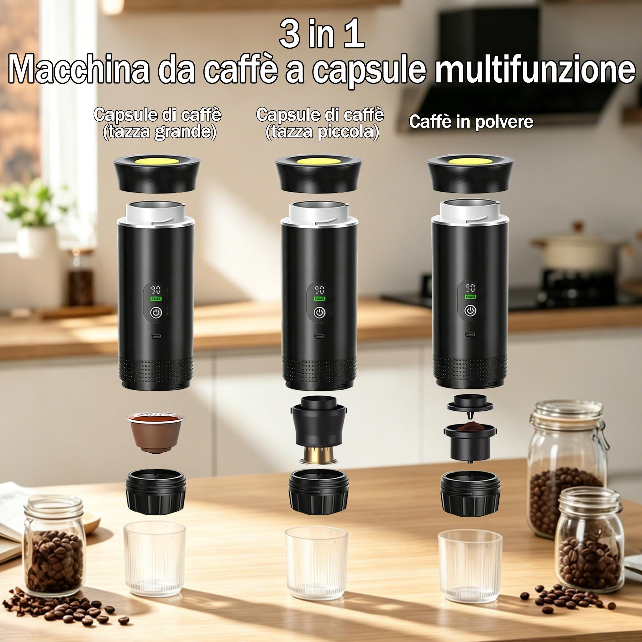 Portable Coffee Maker 3 in 1 Espresso Machine USB-C Mini Electric Hot Water Coffee Maker Compatible with Ness-Preso, Dolce-Gusto and Ground Coffee Capsules