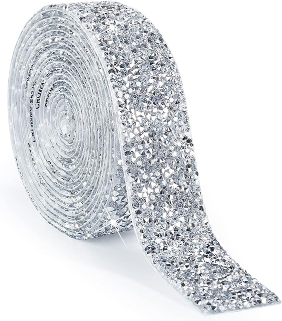3 Yards Self Adhesive Rhinestone Strips, 30mm Resin Rhinestone Ribbon Gliter Strips Sticker Rhinestones Tape for Crafts, Mirror, Wardrobe, Kitchen, Bathroom Decoration (Silver)