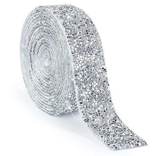 Tenn Well Self Adhesive Rhinestone Tape, 3 Yards x 30mm Silver Resin Crystal Rhinestone Ribbon Decorative Bling Tape for Bathroom Mirror, Furniture,