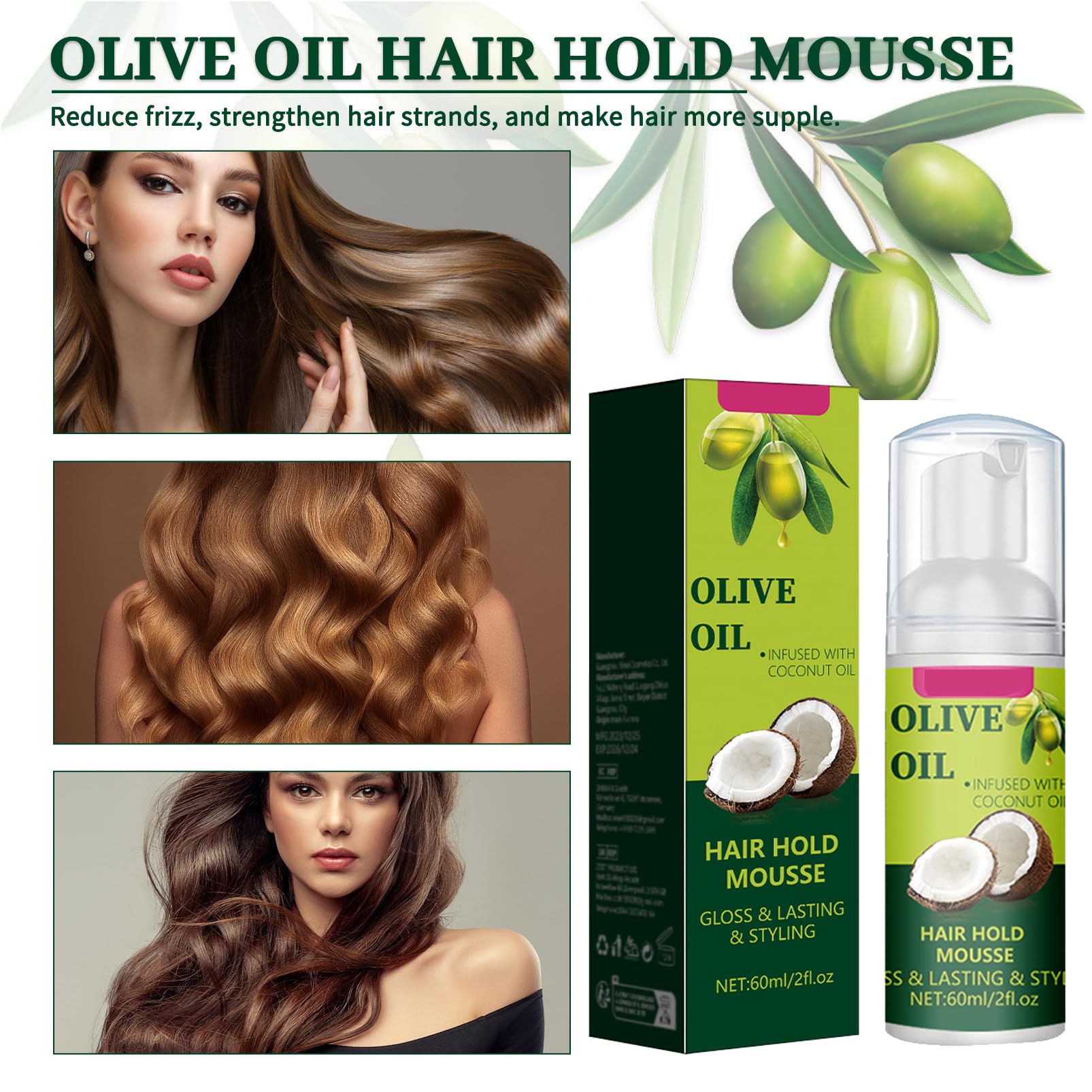 Olive Oil Hair Styling Mousse 2PCS Coconut Infused Wrap/Set Foam for Curl Definition,Long-Lasting Hold - Image 3