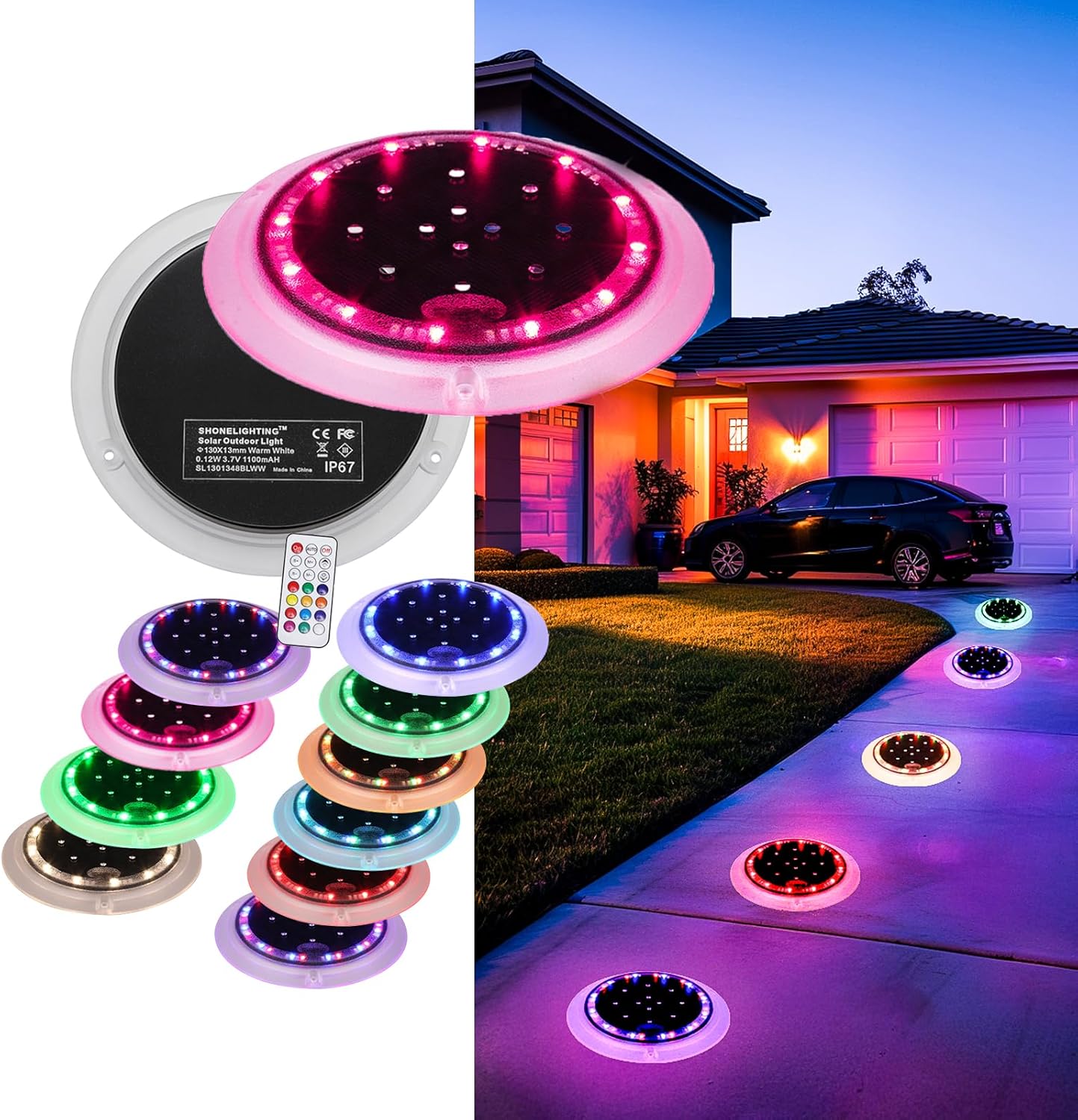 SHONELIGHTING Solar Dock Lights, Upgraded Color Changing 48 LEDs Bright Driveway Light, Outdoor Waterproof Flat Low Profile, Anti-Trip&Anti-Slip for Marine, Ground, Pool, Pier, Deck (RGB-W, 12Pack)