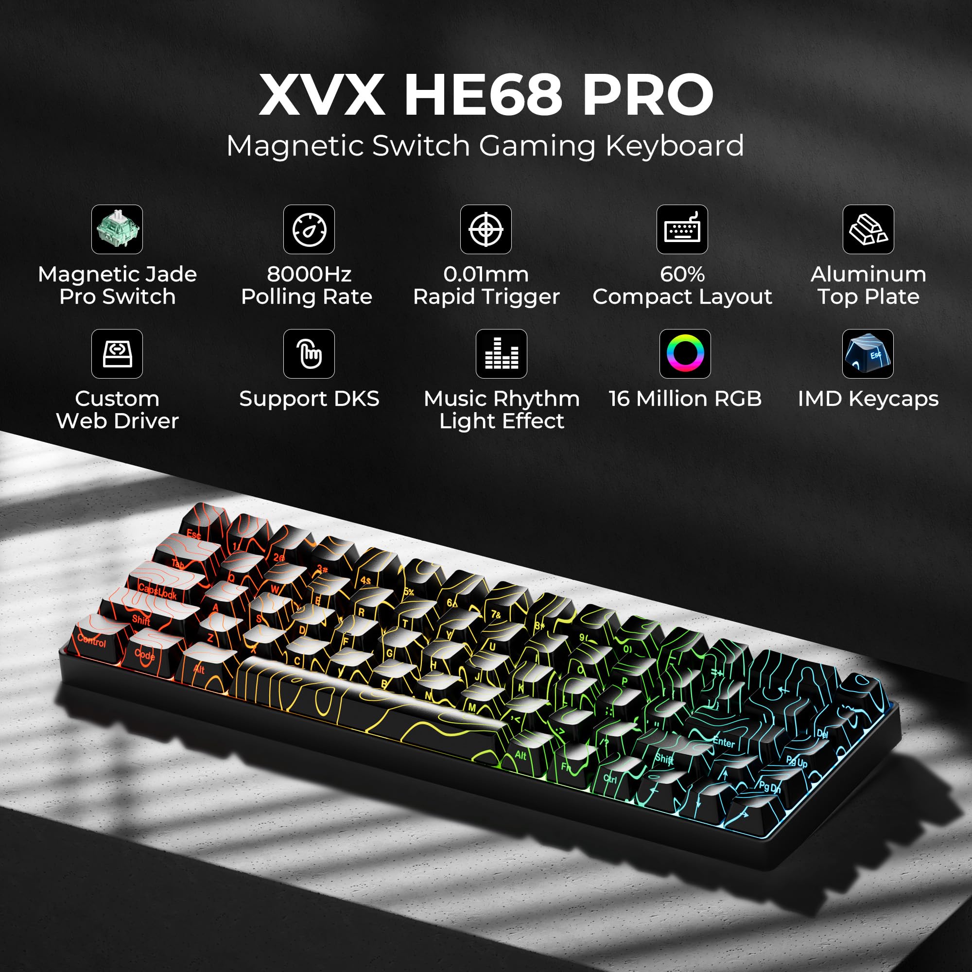 x XVX HE68 Pro Rapid Trigger Keyboard 60% Percent,Hall Effect Keyboard with Gateron Magnetic Jade Pro Switch,CNC Aluminum Frame Topographic Custom Mechanical Key Board for PC/Laptop/Xbox/PS4/PS5,Black