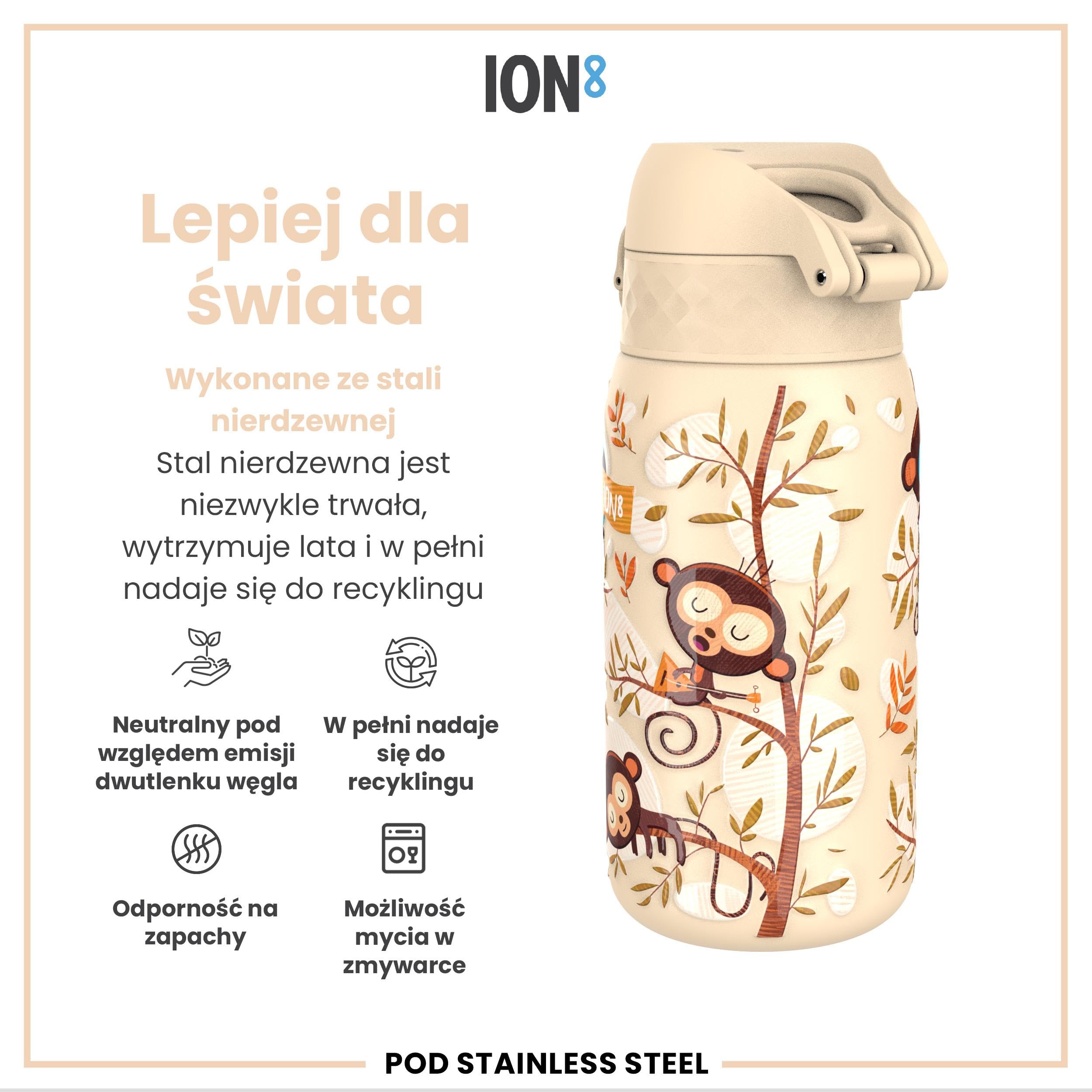 ION8 Butelka na Wodę dla Dzieci ze Lekki Stali, 400 ml/13 oz, Nieocieplany, Szczelna, Łatwa do Otwarcia, Bezpieczny Zamek, Można Myć w Zmywarce, Składany Uchwyt, Łatwa w Czyszczeniu, Małpy