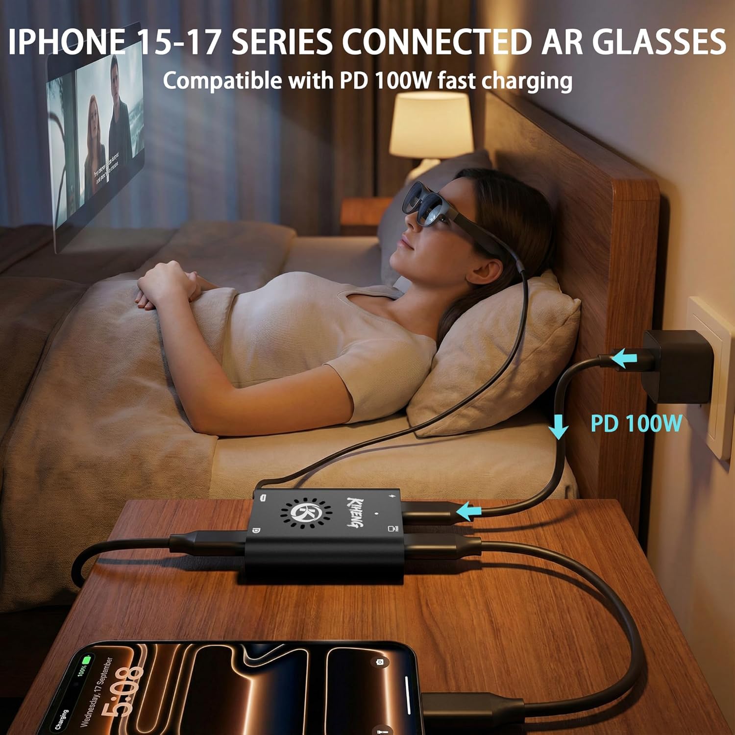 USB C to HDMI and USB C Dual-Display Adapter Power to Xreal/Viture/RayNeo AR Glasses or HDMI/Type C Monitors While Charging for Steam Deck, ROG Ally, Switch, Compatible 4K 144Hz|Built-in Cooling Fan