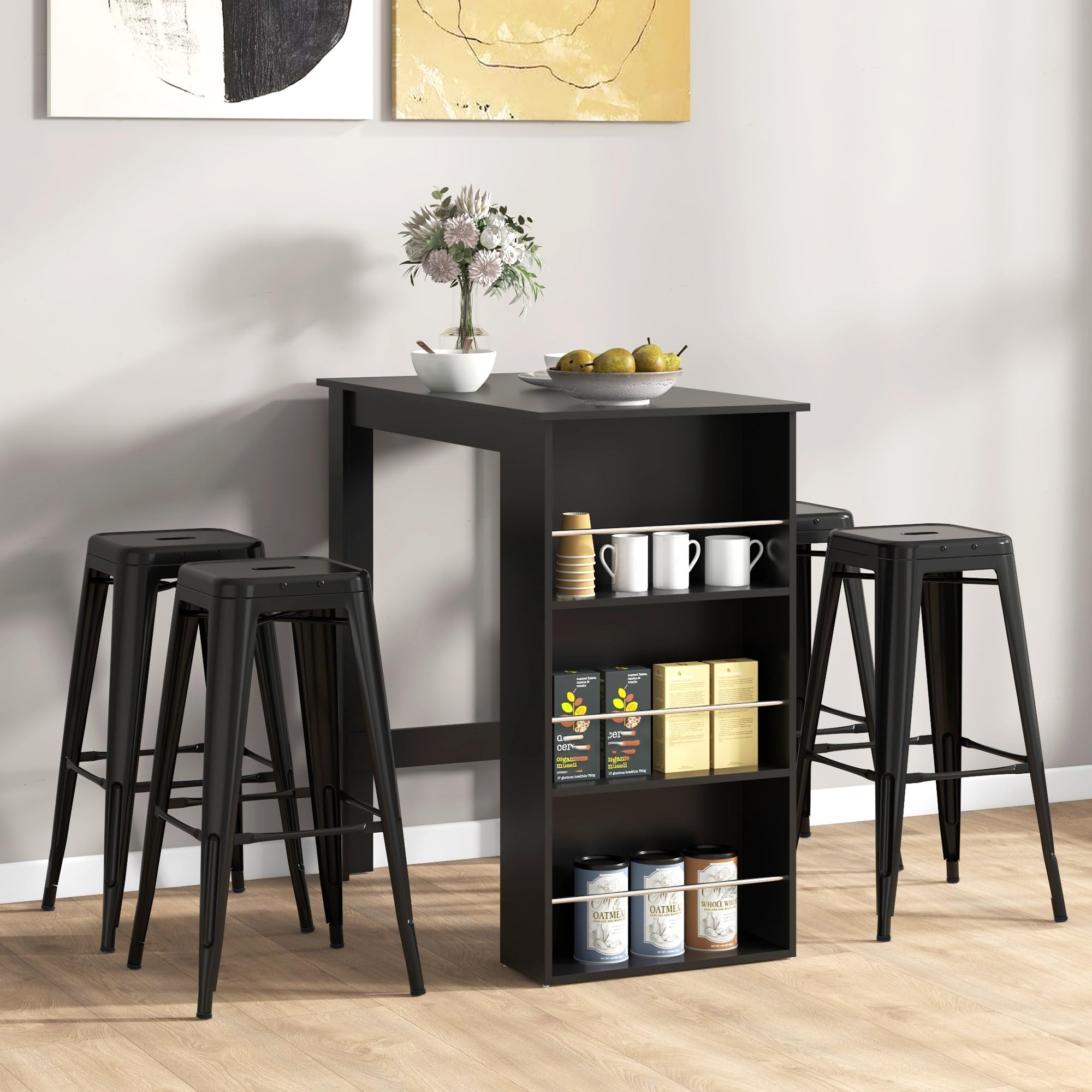 HOMCOM 4 Taburetes de Bar Apilables con Reposapiés 43x43x76 cm Negro | Estilo Industrial, Aptos para Interiores y Exteriores, Carga Hasta 120kg